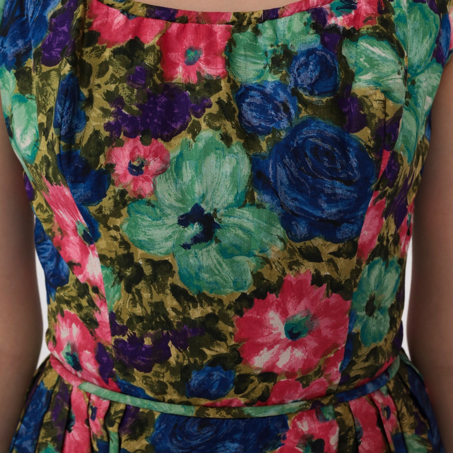 60s Floral Mini Dress High Waist Sleeveless Full Skirt Cocktail XXS