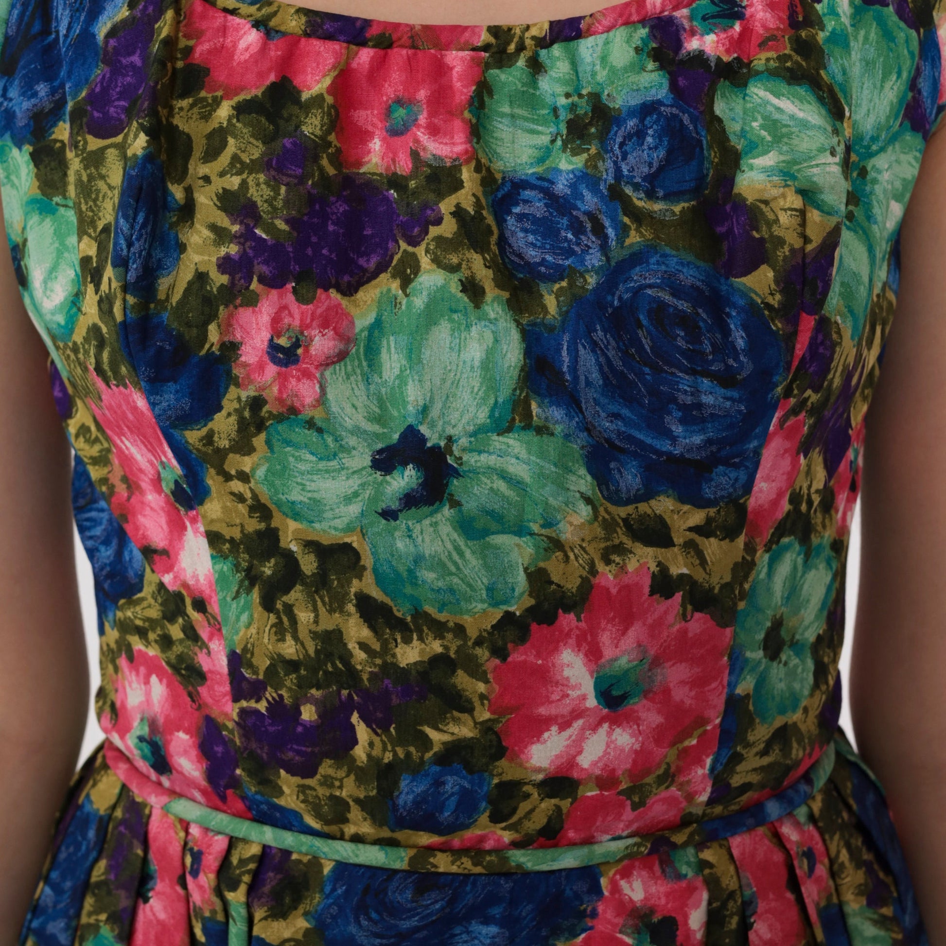 60s Floral Mini Dress High Waist Sleeveless Full Skirt Cocktail XXS
