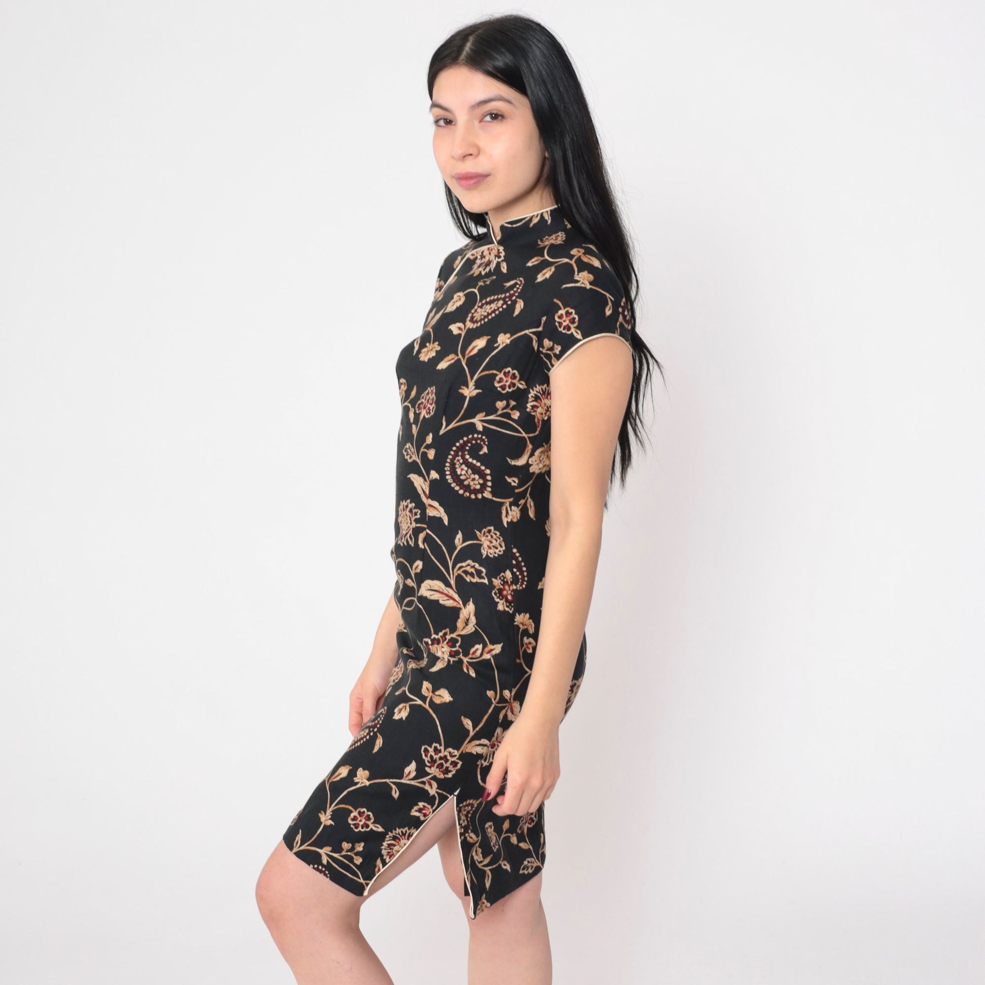 90s Black Floral Mini Dress Gold Red Asian Print Mandarin Collar Small