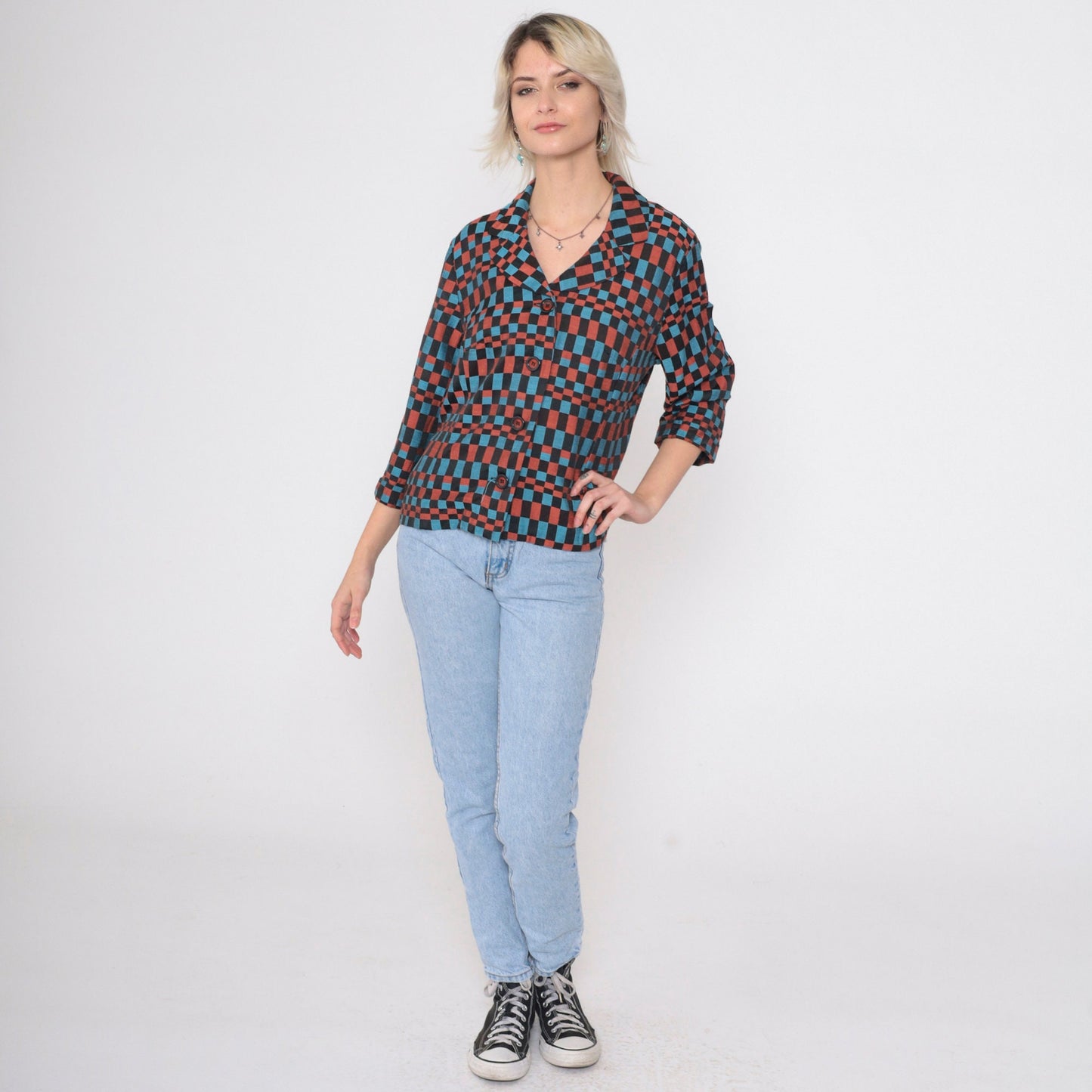 90s Checkered Blazer Black Blue Burnt Orange Op Art Print Medium