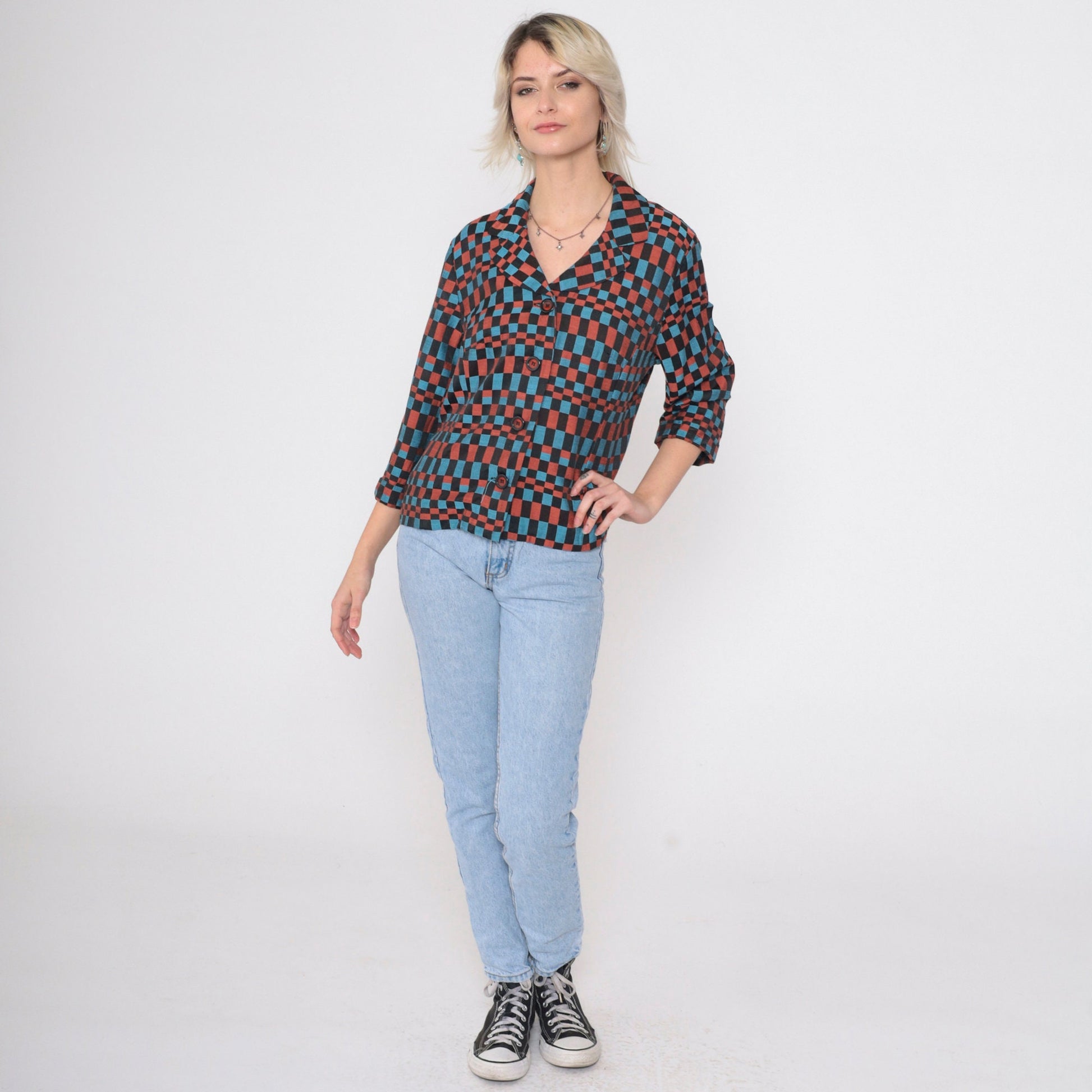 90s Checkered Blazer Black Blue Burnt Orange Op Art Print Medium