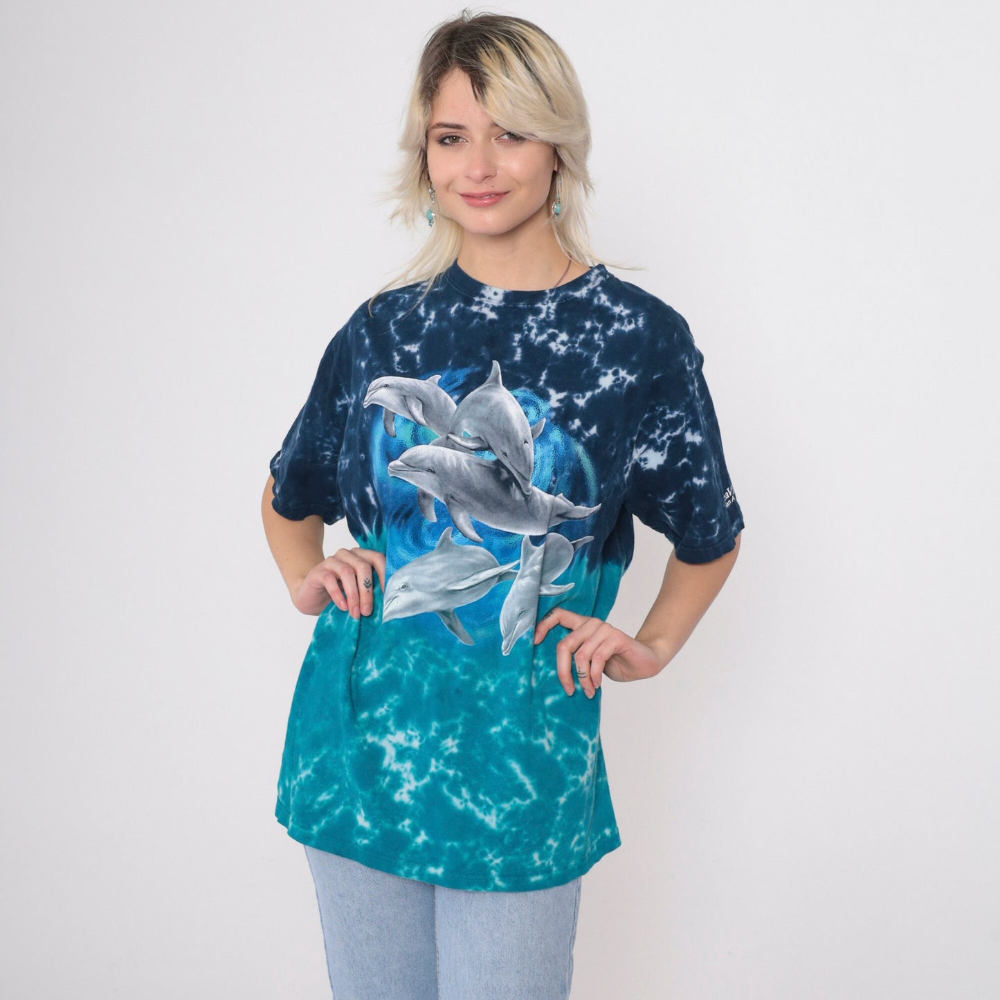 Y2K Sea World San Antonio Tie Dye Dolphin Graphic Tee Blue Cotton Medium