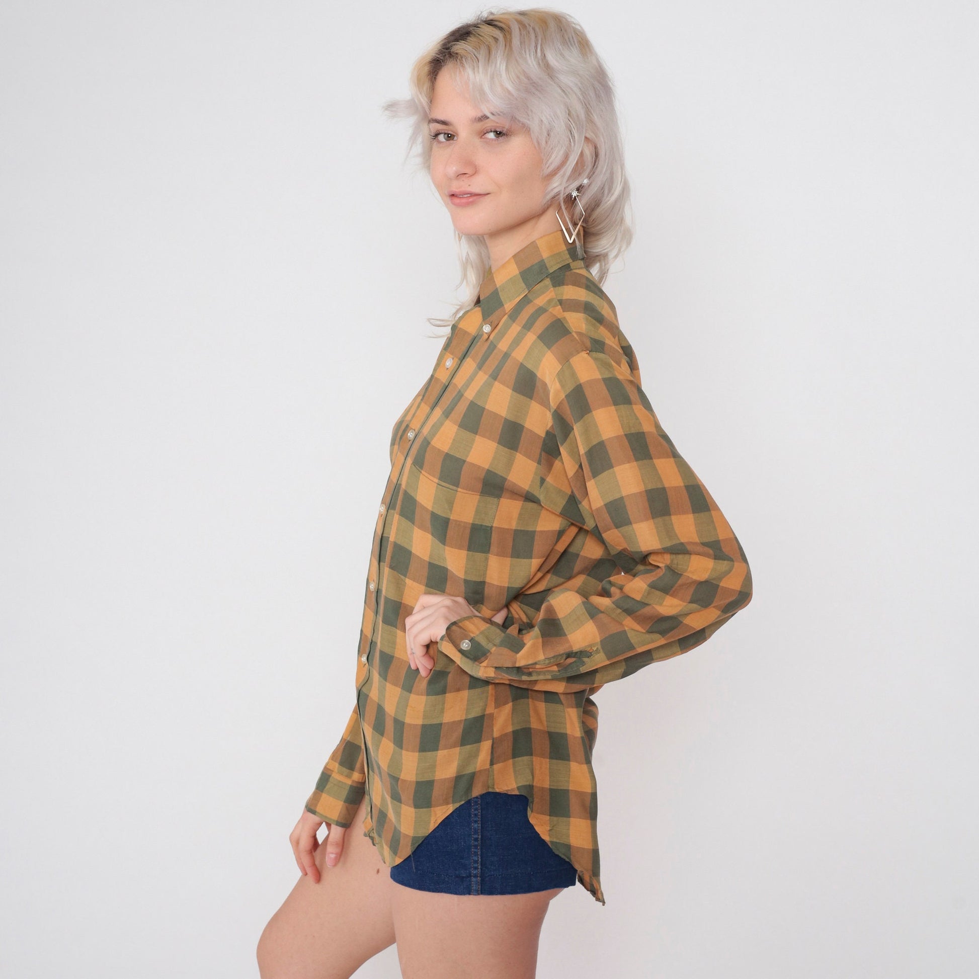 70s Buffalo Plaid Button-Up Shirt Orange Grey Collared Long Sleeve Men's Small