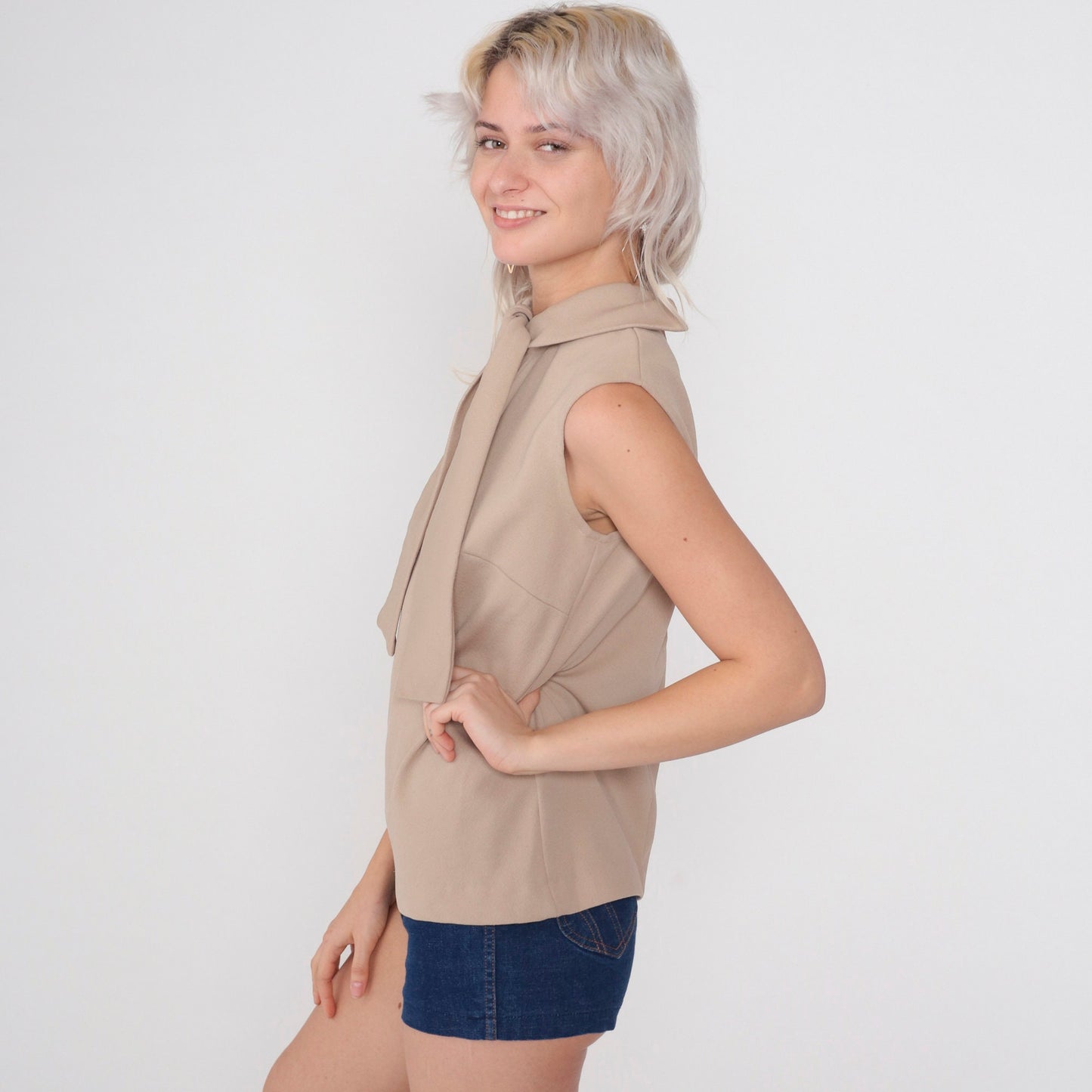 70s Taupe Ascot Tank Top Sleeveless Blouse Rear Zip Small