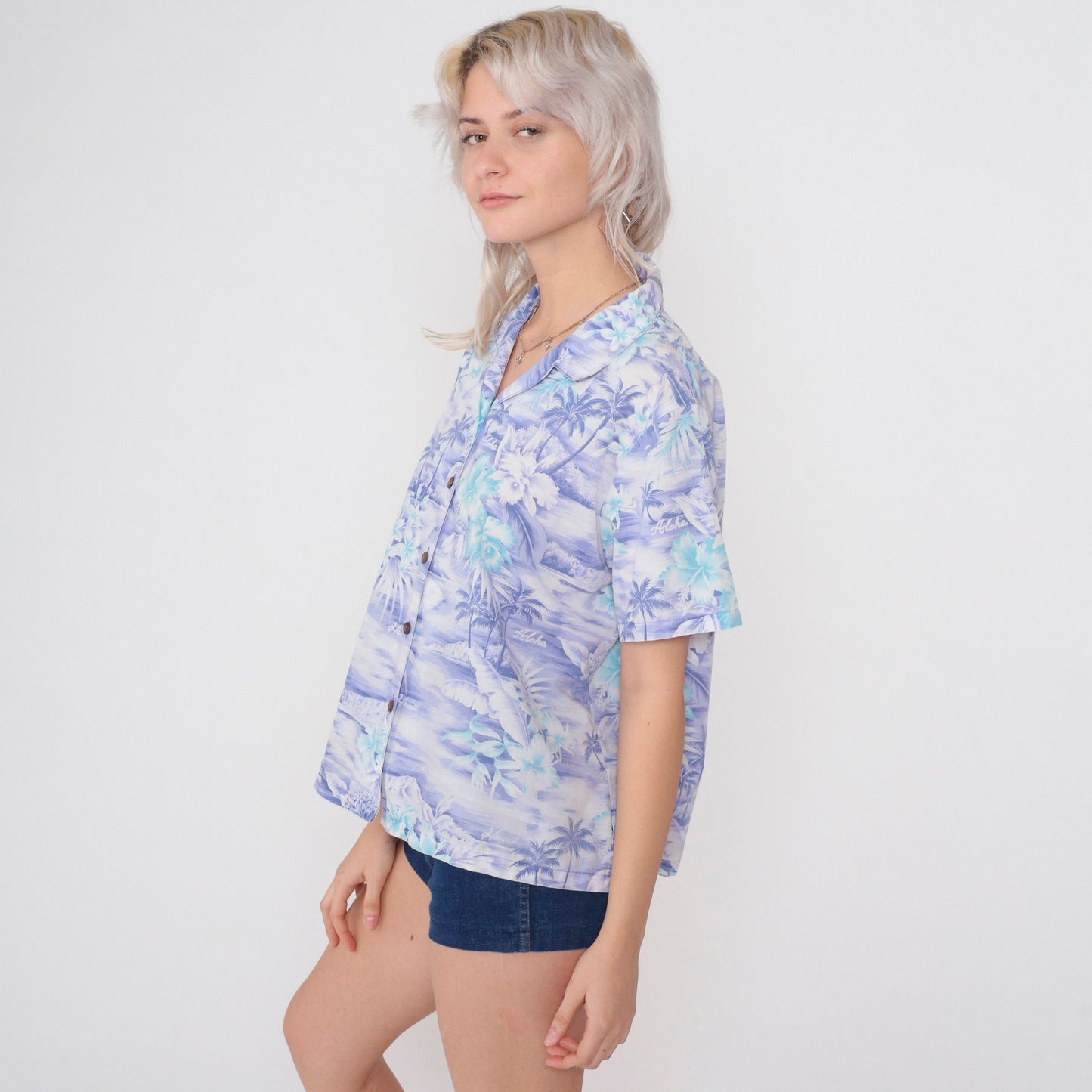 90s Purple Hawaiian Shirt Tropical Floral Aloha Print Button Up Medium M
