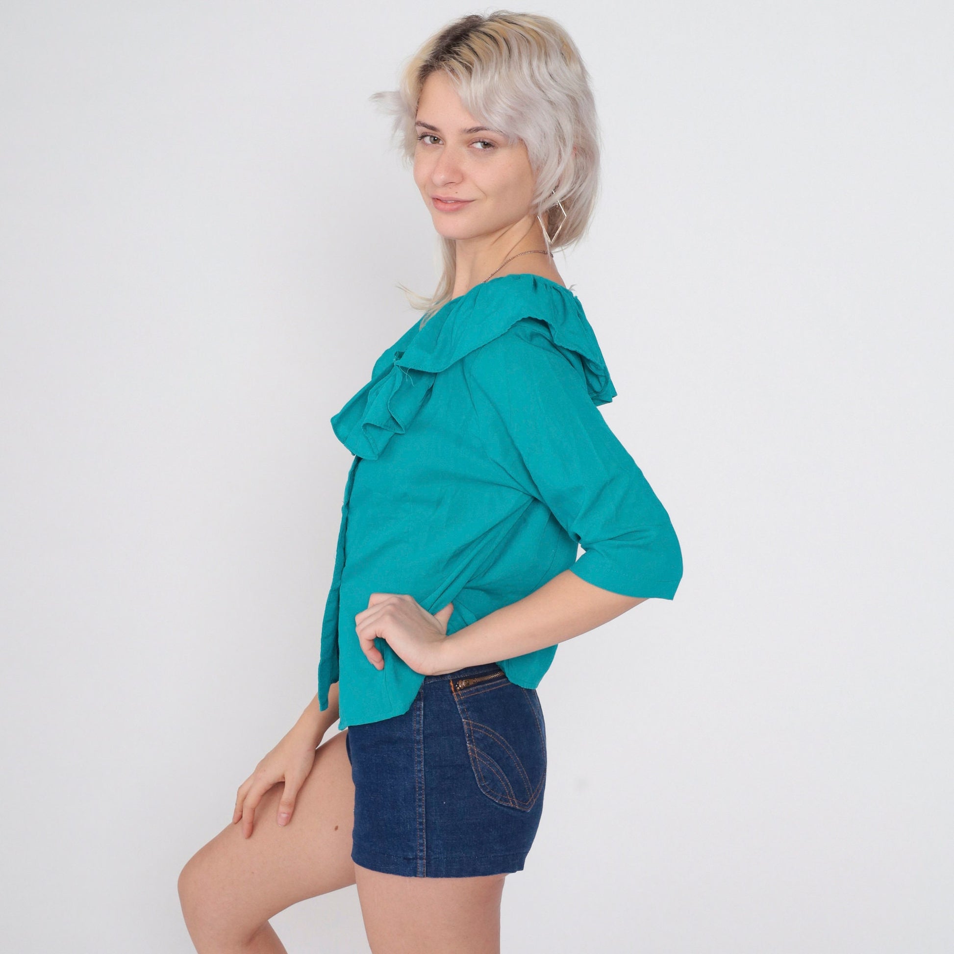 80s Teal Ruffled Neckline Button-Up Blouse 3/4 Sleeve Medium
