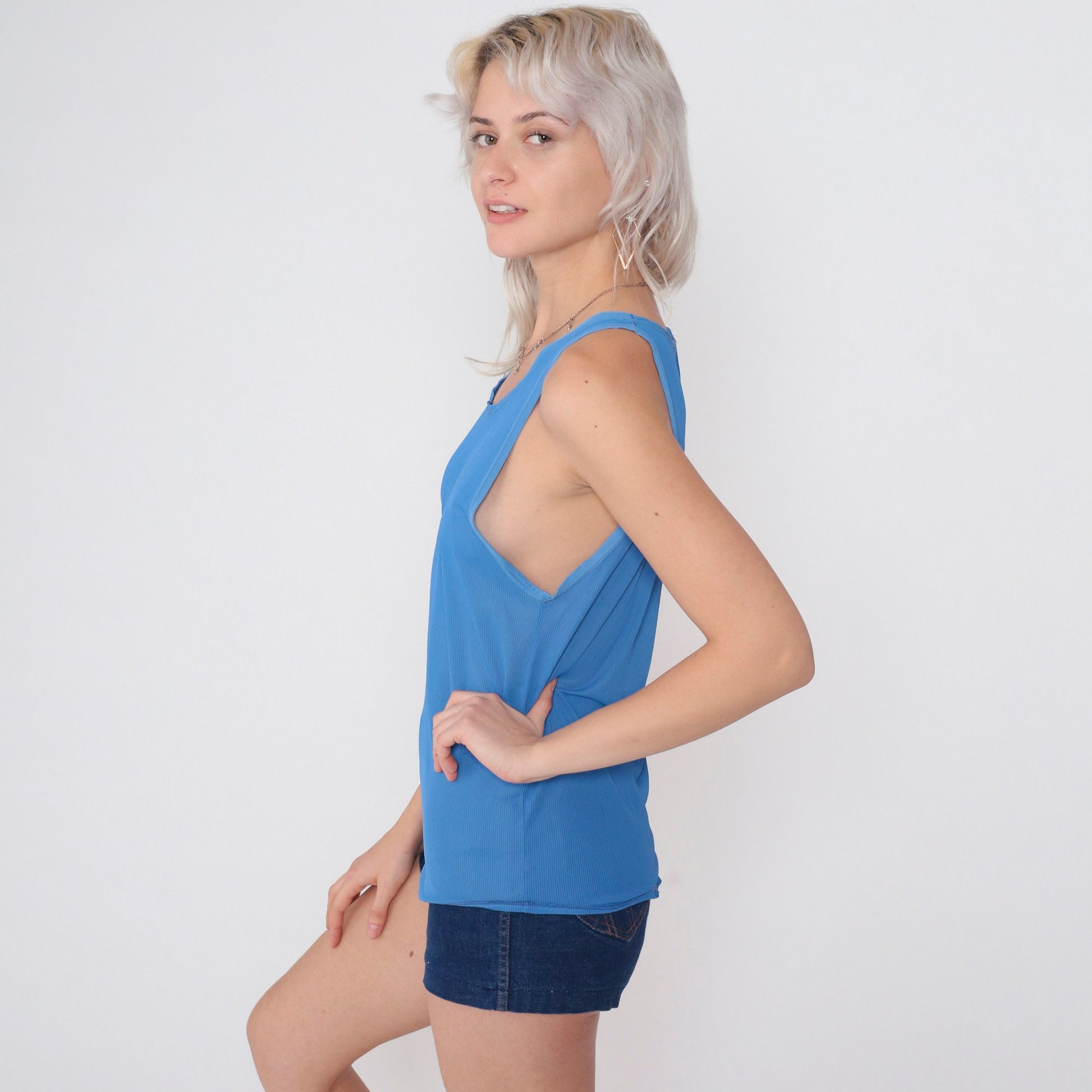 80s Blue Ribbed Tank Top Racer Back Scoop Neck Extra Small