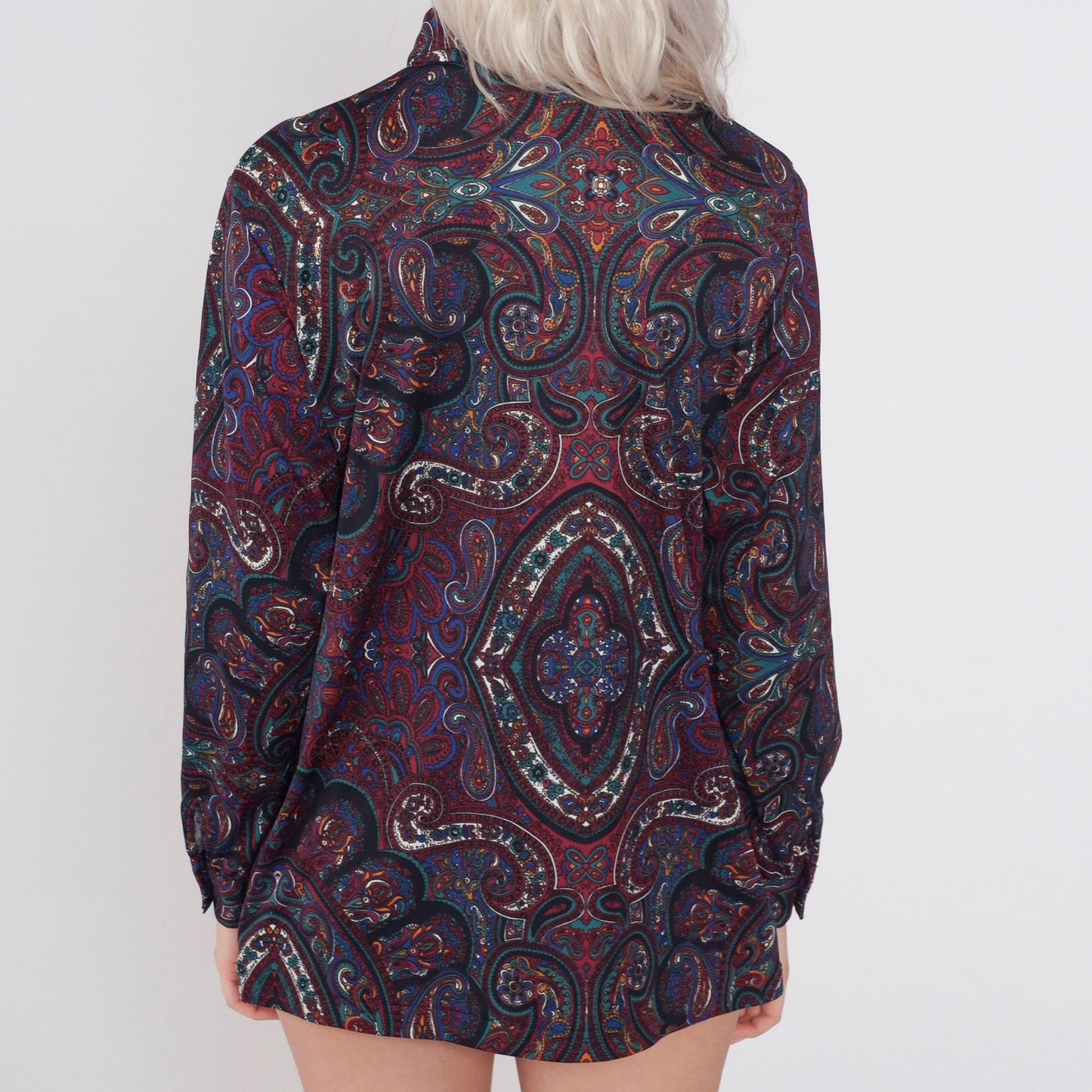 70s Paisley Floral Print Shirt Long Sleeve Button Up Disco Blouse Medium Large
