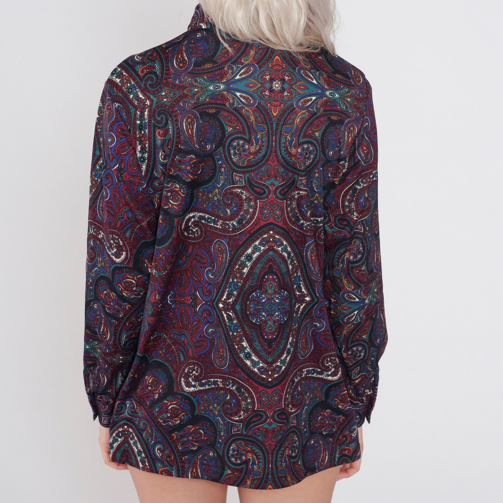 70s Paisley Floral Print Shirt Long Sleeve Button Up Disco Blouse Medium Large