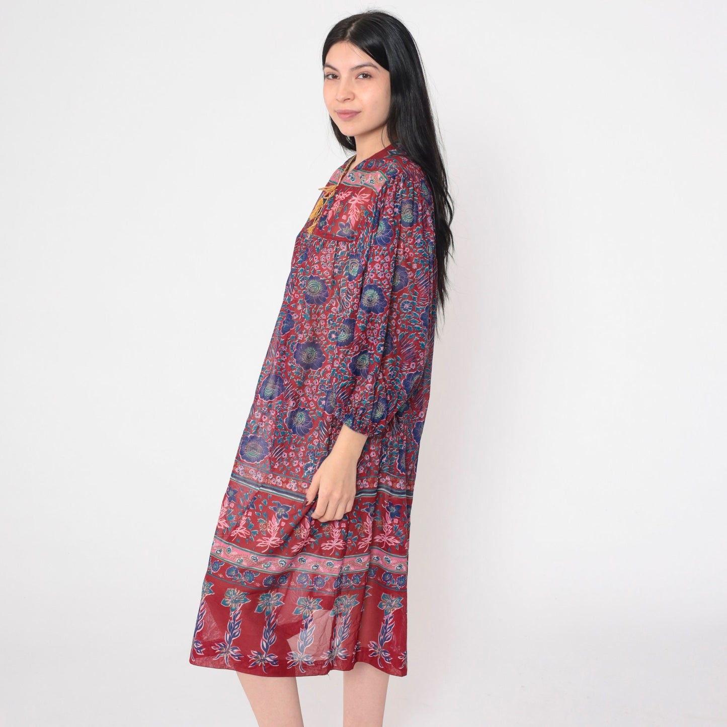 70s Tabby California Midi Dress Indian Floral Print Long Sleeve Red Blue XL