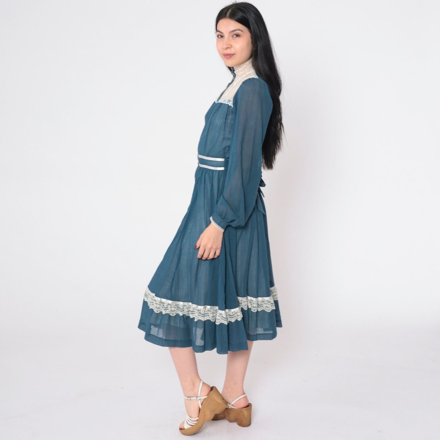 70s Gunne Sax Prairie Midi Dress Blue Lace Puff Sleeve High Waist Extra Small