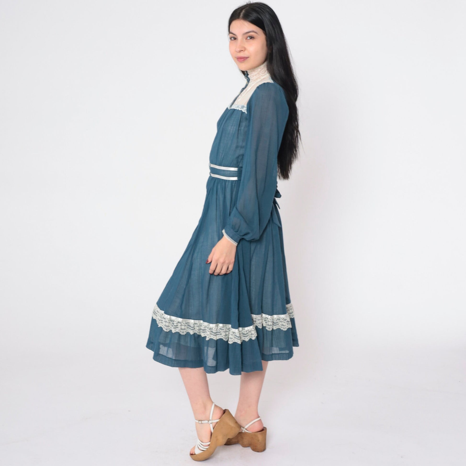 70s Gunne Sax Prairie Midi Dress Blue Lace Puff Sleeve High Waist Extra Small