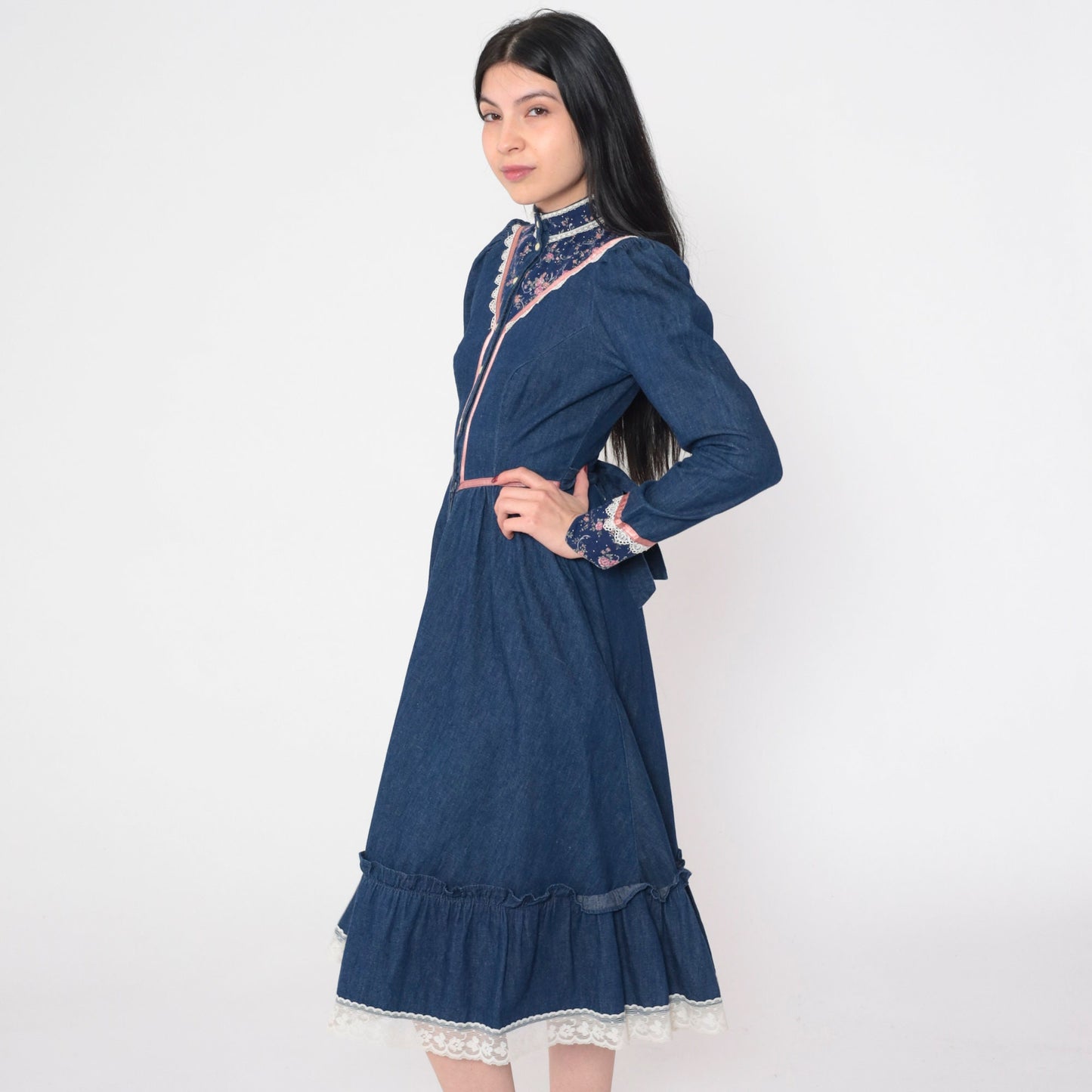 70s Gunne Sax Prairie Dress Blue Denim Calico Floral Puff Sleeve Midi XXS