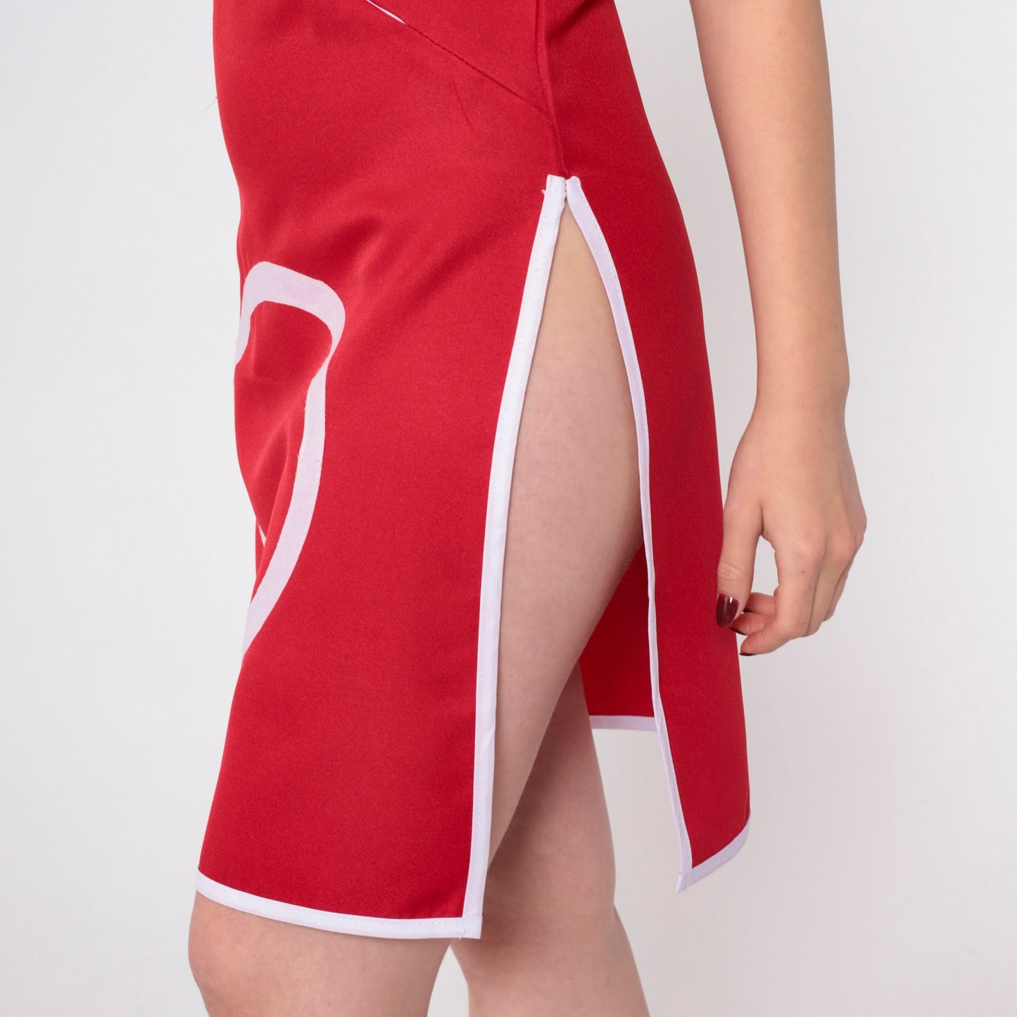 Y2K Red Mini Dress Pink Ring Print Mandarin Collar Side Slit Small