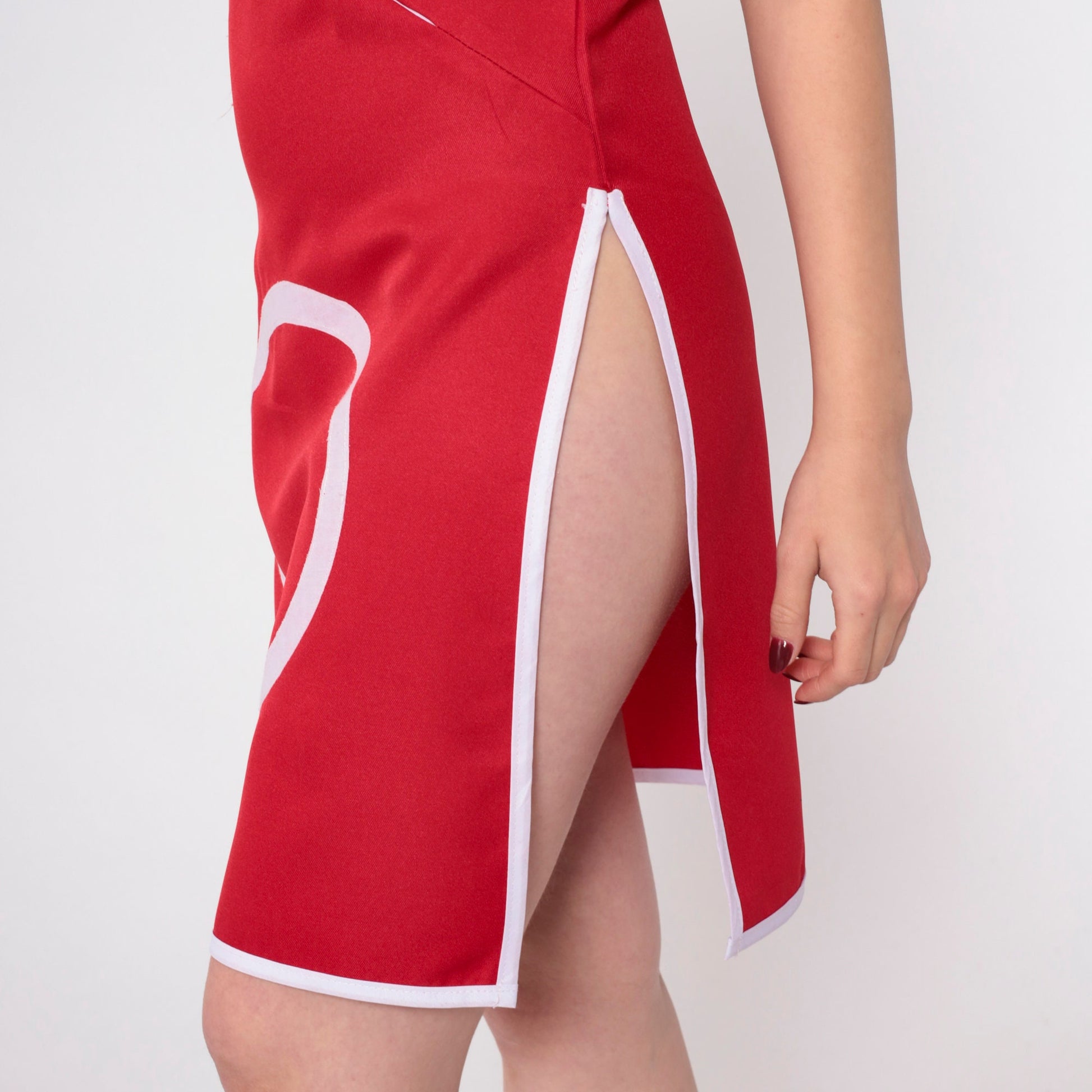 Y2K Red Mini Dress Pink Ring Print Mandarin Collar Side Slit Small