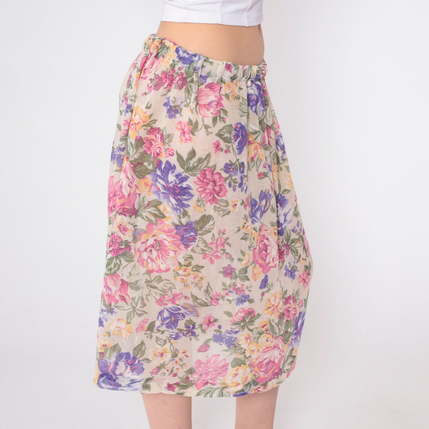 80s Floral Midi Skirt Elastic Waist Rose Print Pink Purple Tan Medium Large