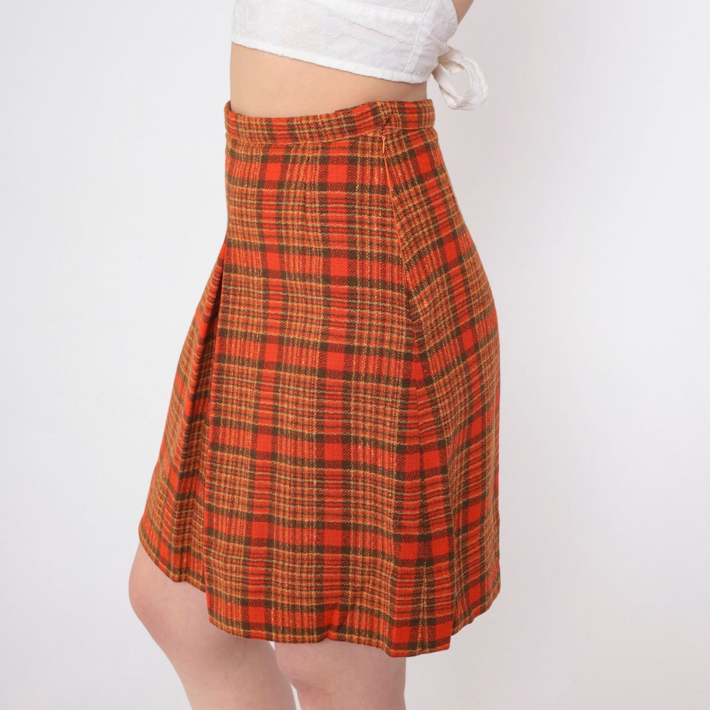 60s Red Plaid Wool Blend Mini Skirt High Waisted Pleated Small