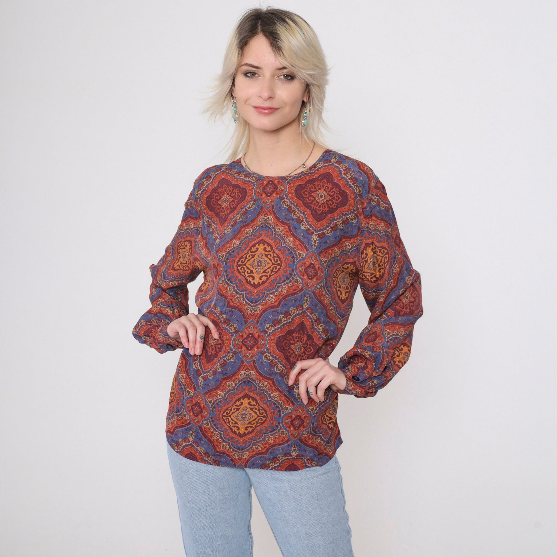 90s Liz Claiborne Geometric Print Blouse Back Button Long Sleeve Small 6