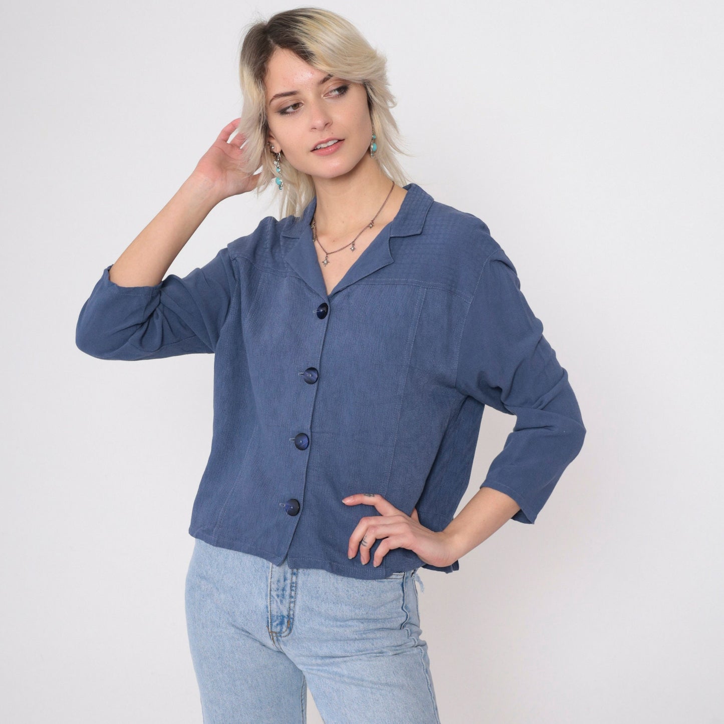 90s Blue Button Up Blouse Asian Chop Stamp Print Textured Yoke Small