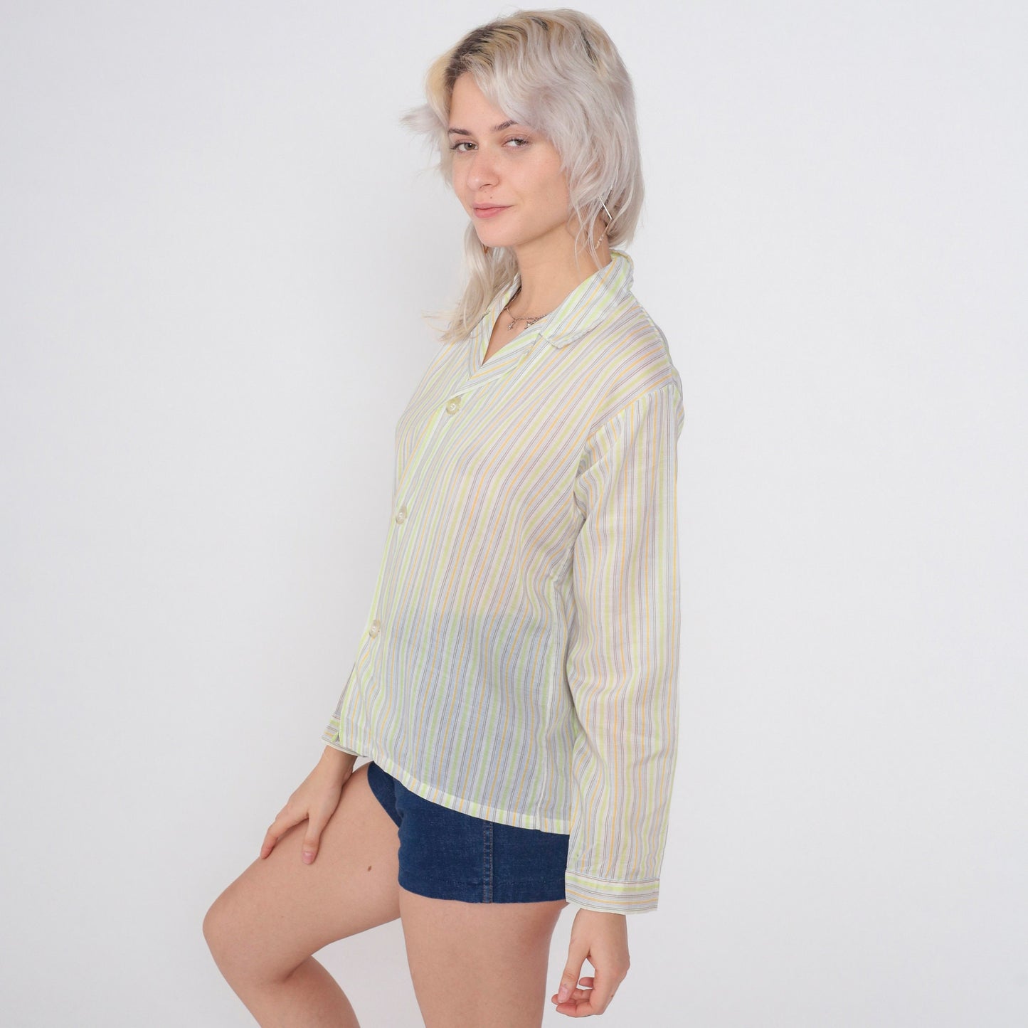 70s Striped Button-Up Shirt Lime Green Yellow Blue Collar Long Sleeve Small