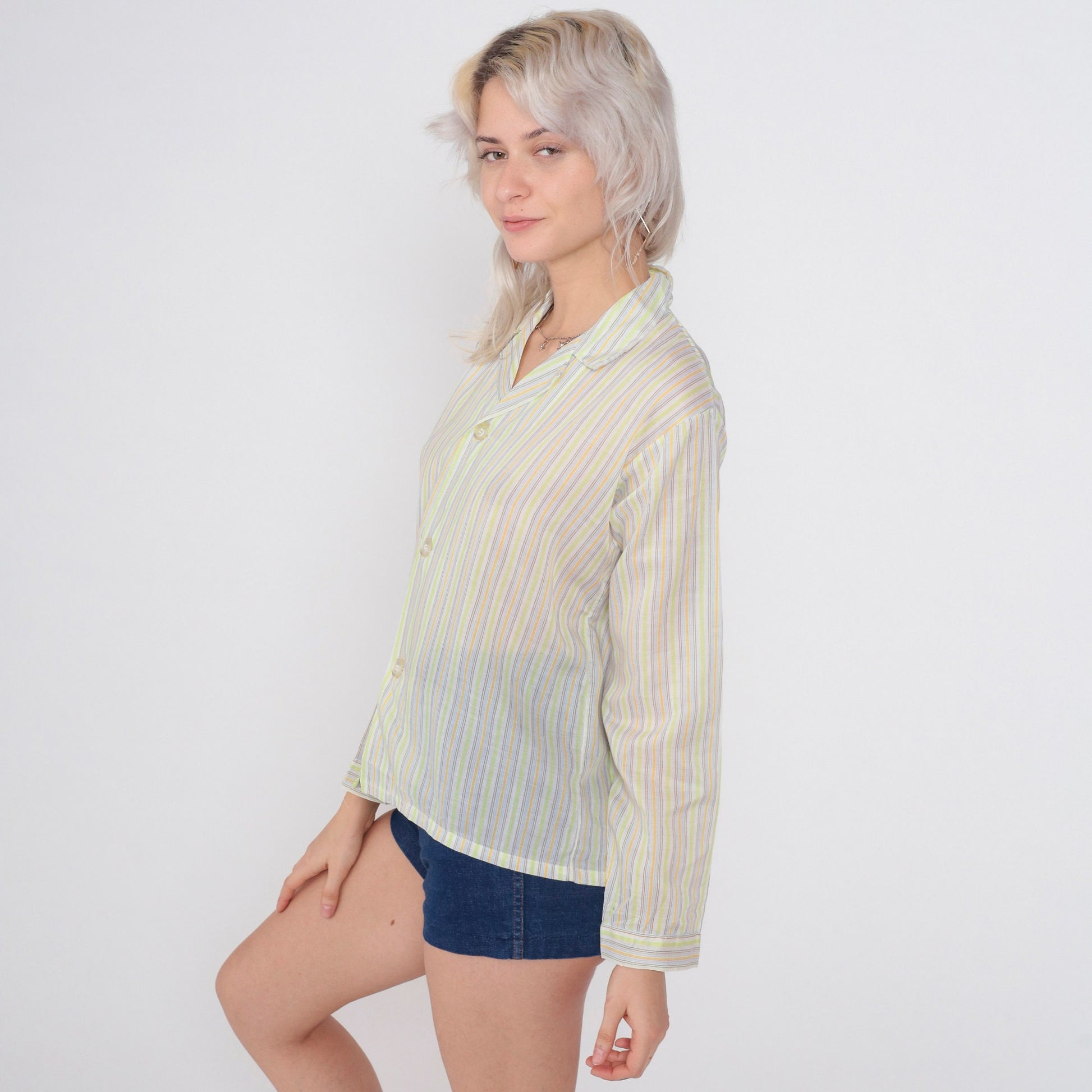 70s Striped Button-Up Shirt Lime Green Yellow Blue Collar Long Sleeve Small