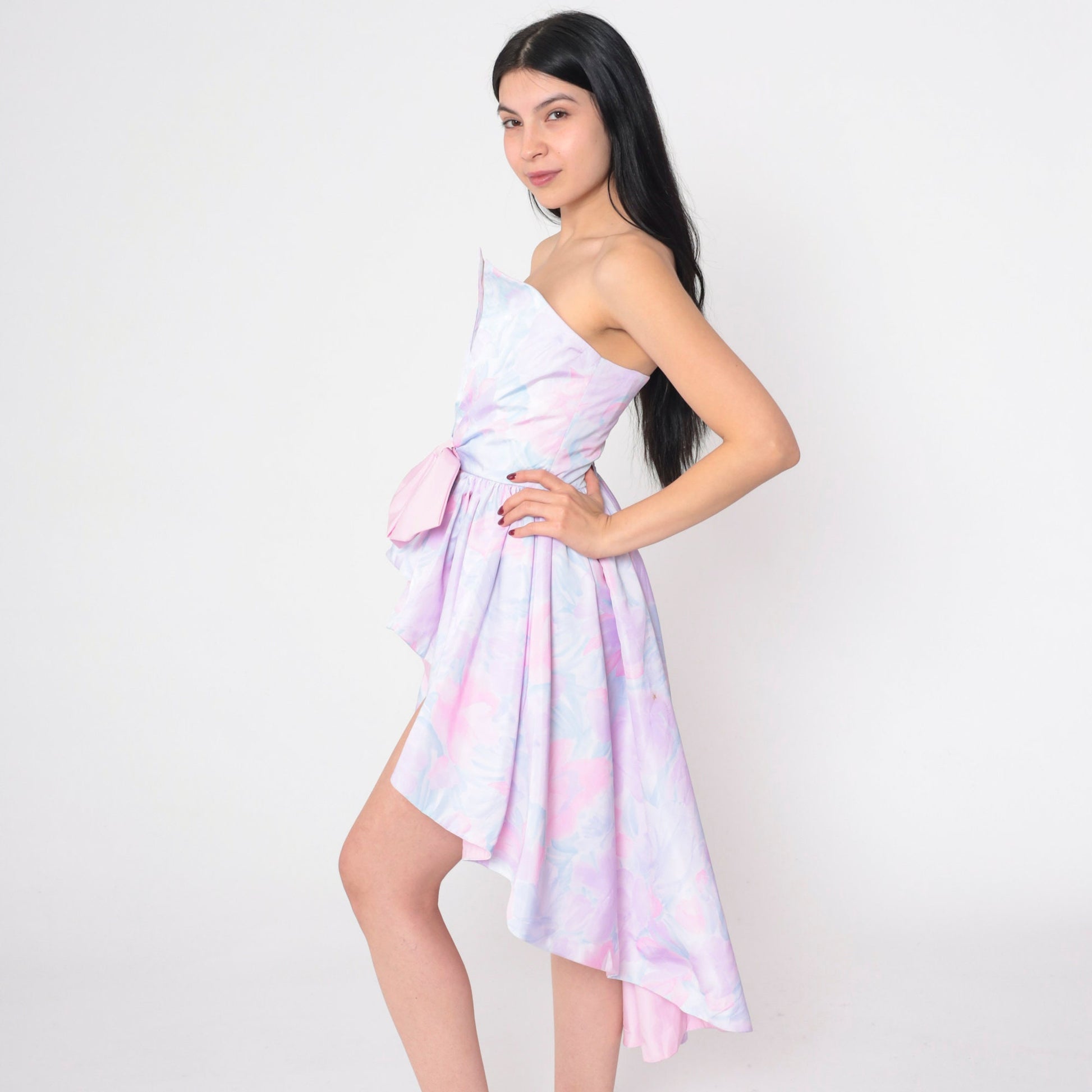 80s Strapless Waterfall Hem Dress Pastel Pink Purple Floral Bow Extra Small