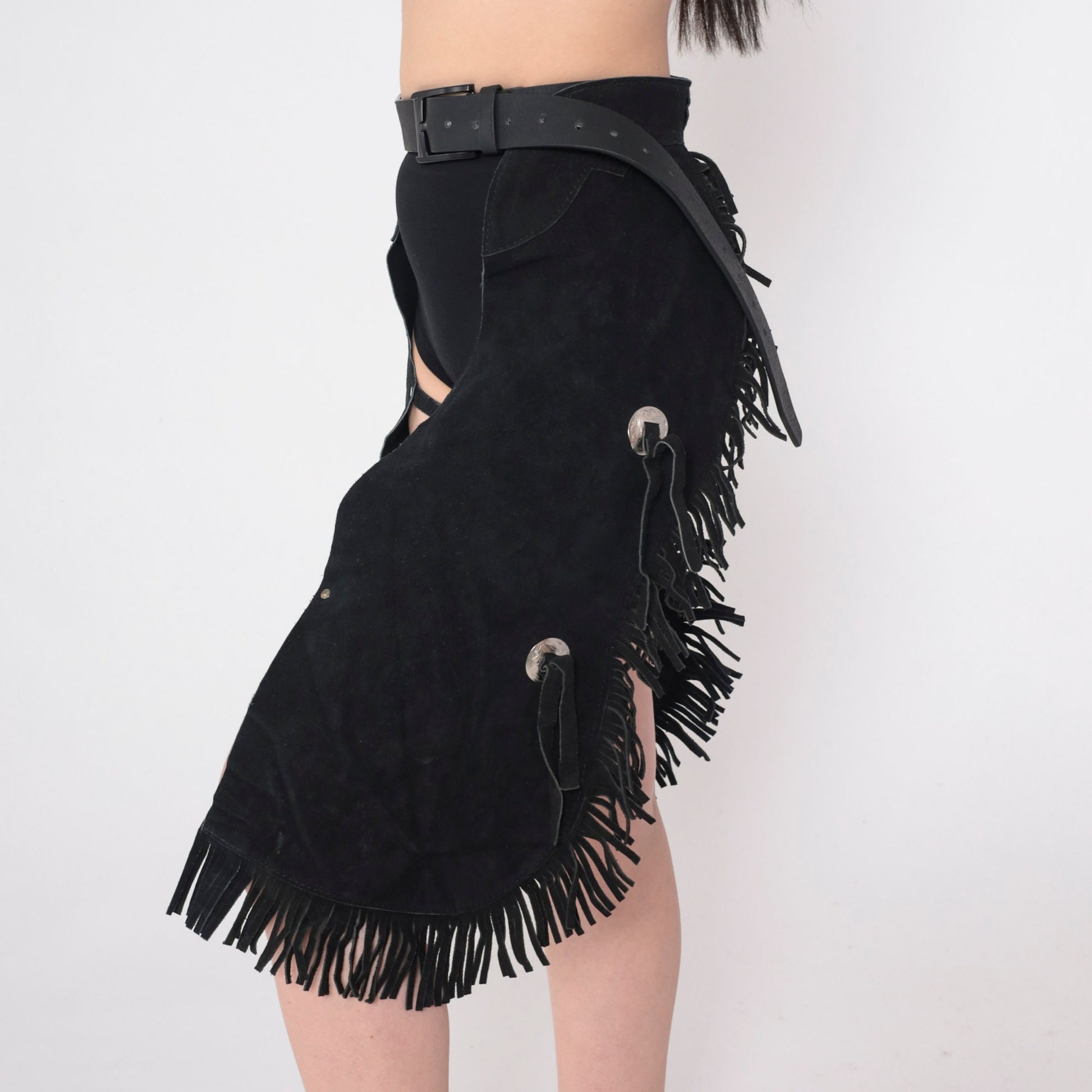 90s Black Suede Fringe Chaps Capri Length Concho Leg Straps Extra Small Medium