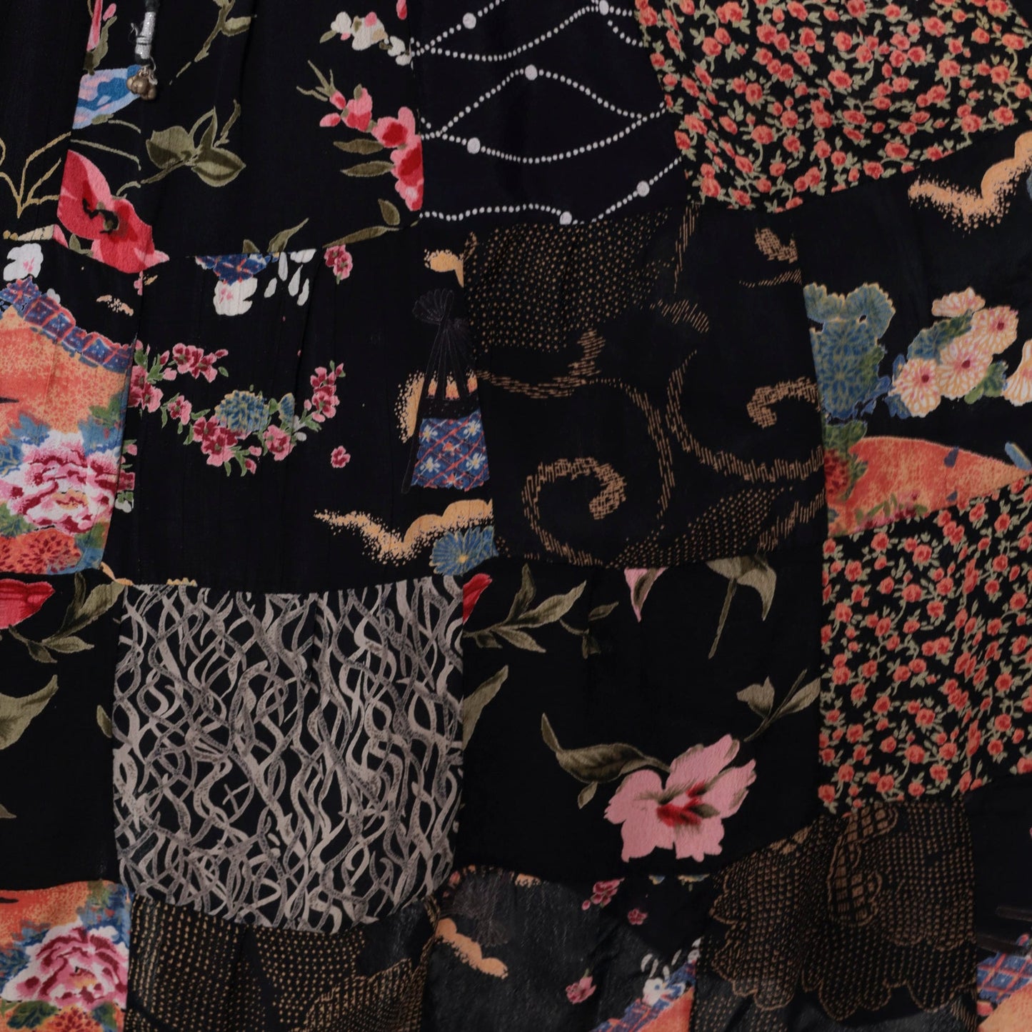 90s Black Floral Patchwork Midi Skirt Drawstring Waist One Size