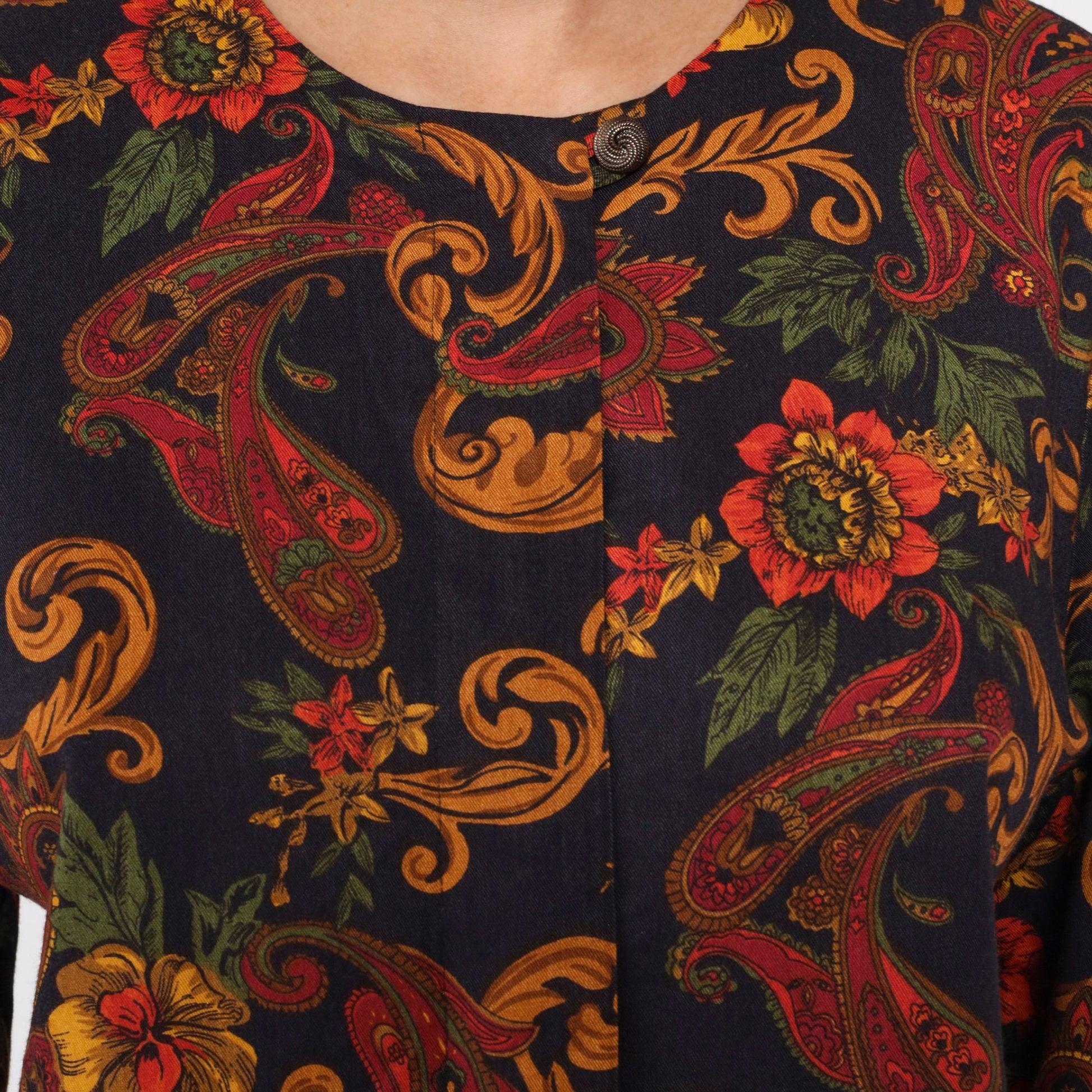 90s Norton McNaughton Paisley Floral Button-Up Blouse Black Gold Long Sleeve Medium