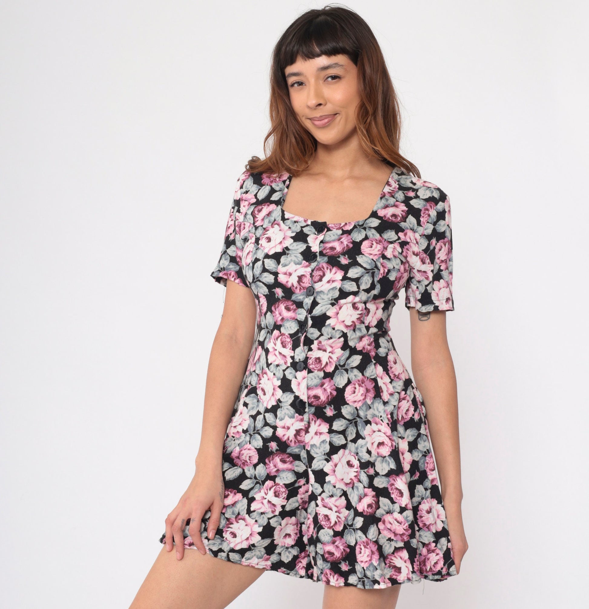 90s Rampage Floral Romper Pink Rose Print Black Button-Up Wide Leg Small S