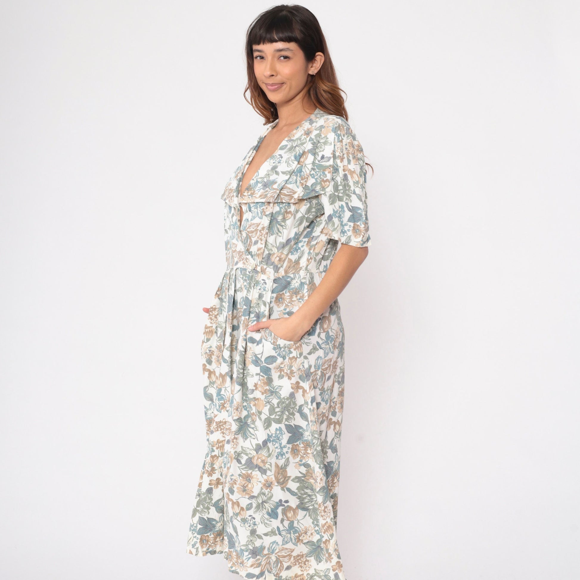 80s Floral Wrap Midi Dress White Puff Sleeve High Waist Pockets Medium