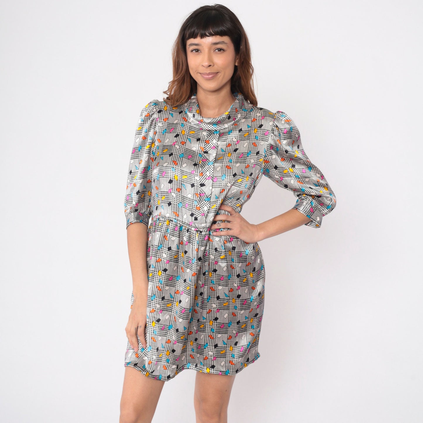 80s Charles Bianco Silk Mini Dress Black White Checkered Confetti Turtleneck Puff Sleeve Medium