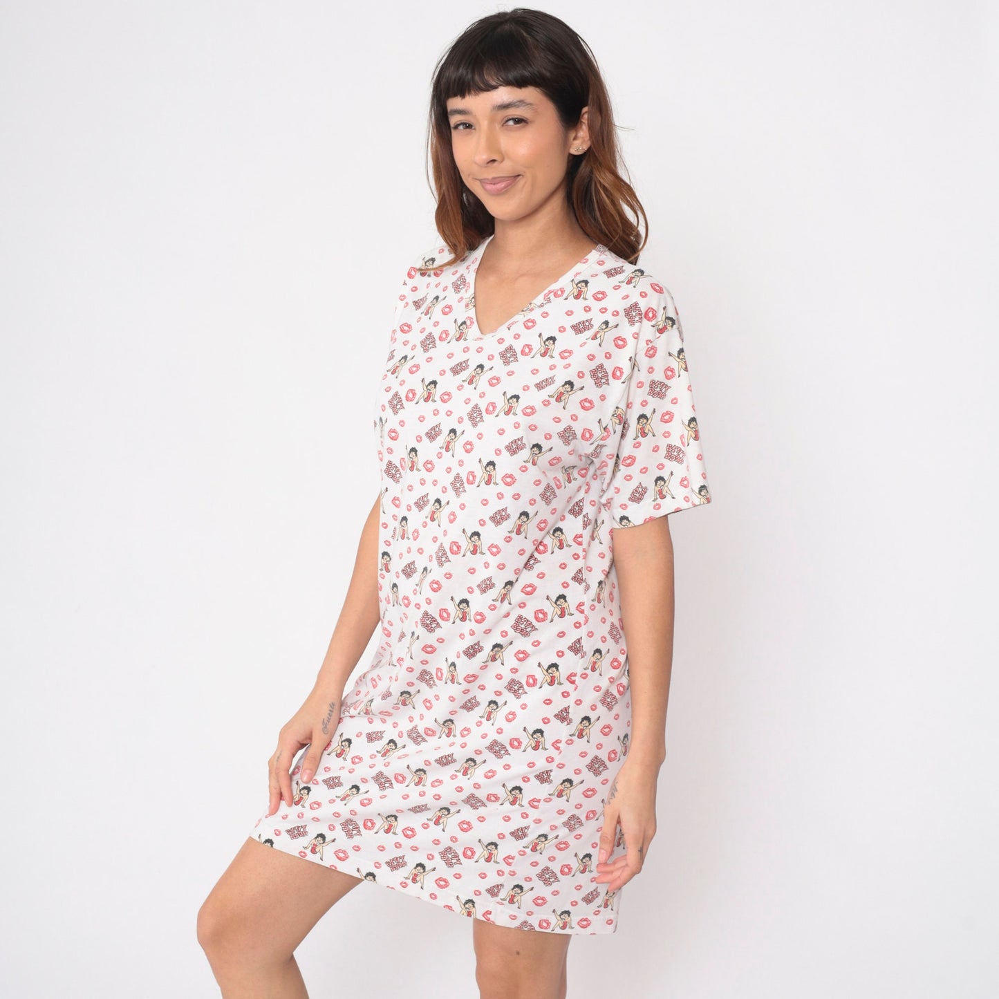 00s Betty Boop Kisses Print Nightie Dress V-Neck Mini Graphic Small S