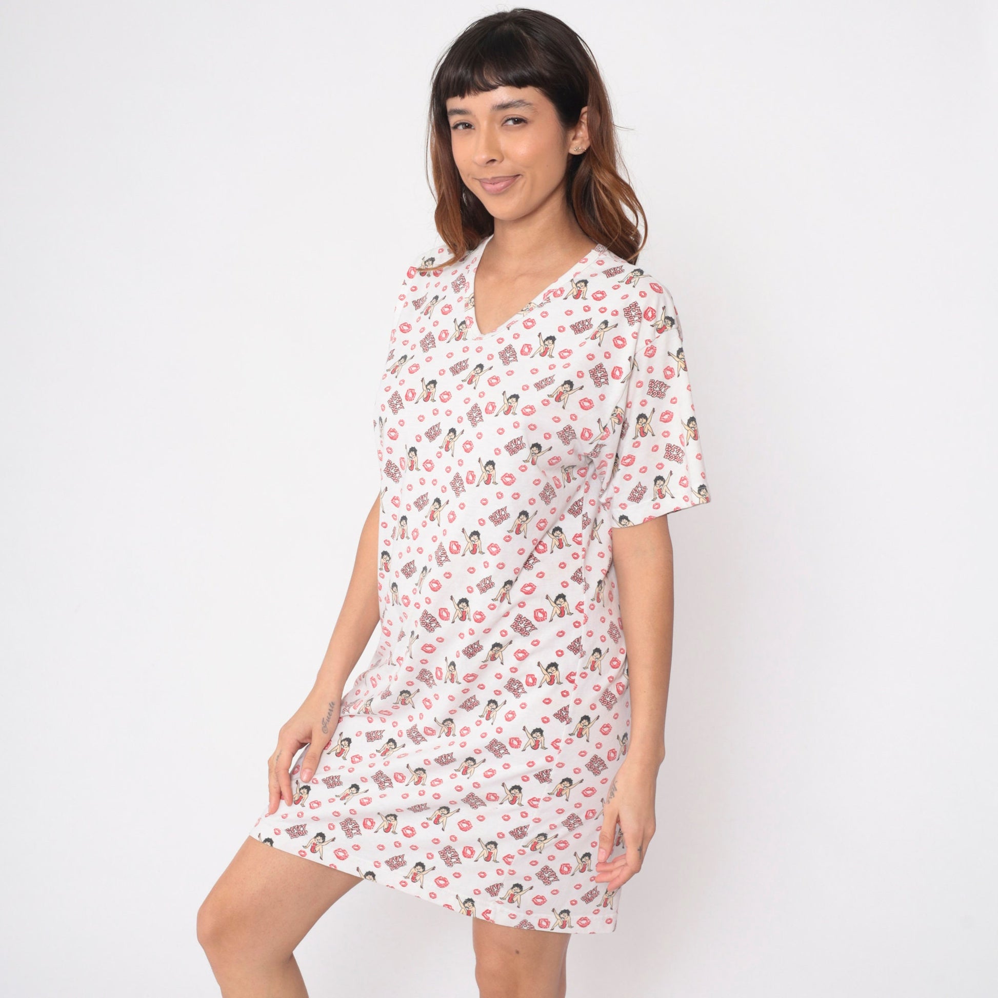 00s Betty Boop Kisses Print Nightie Dress V-Neck Mini Graphic Small S