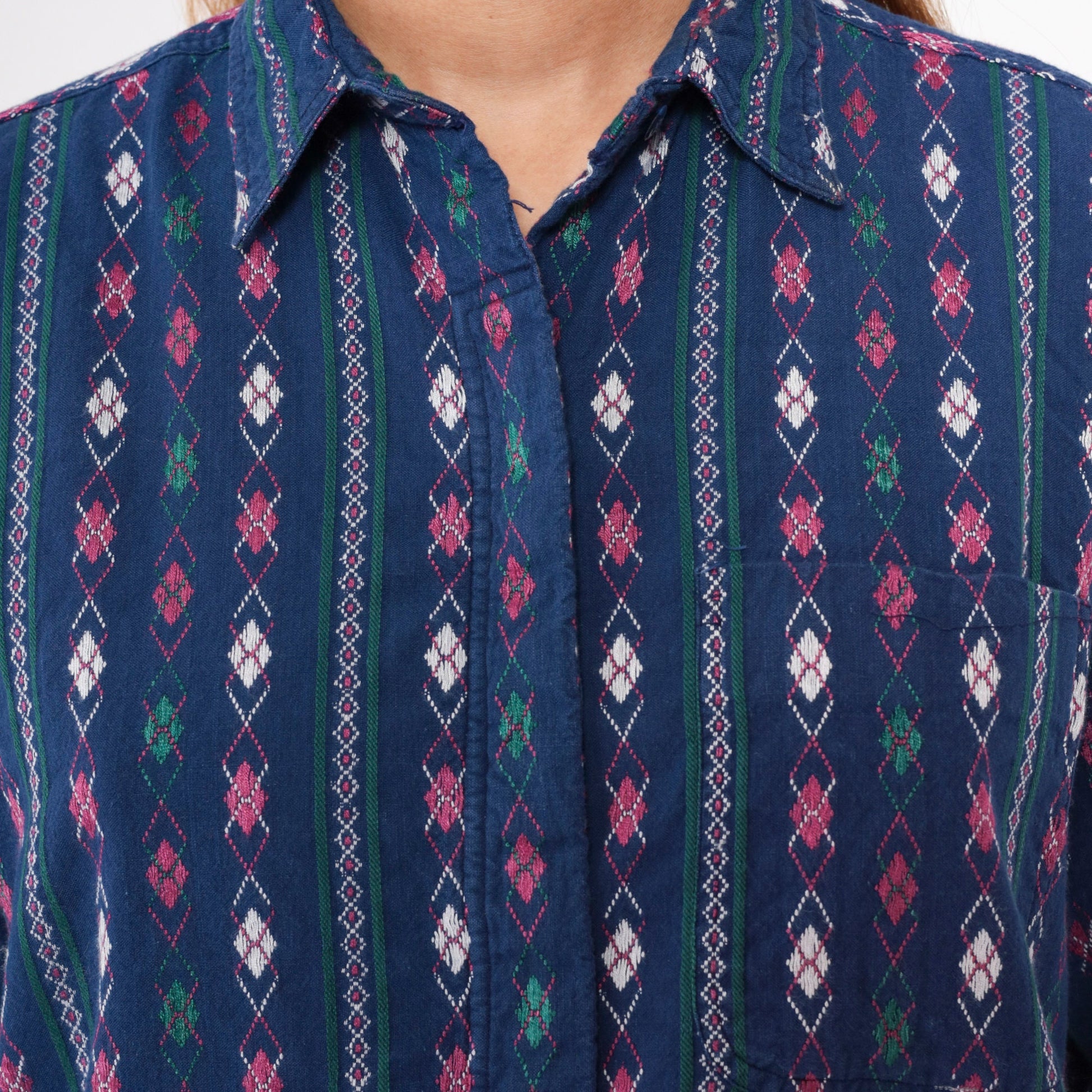 90s Krazy Kat Blue Argyle Diamond Print Button-Up Blouse Long Sleeve Large L