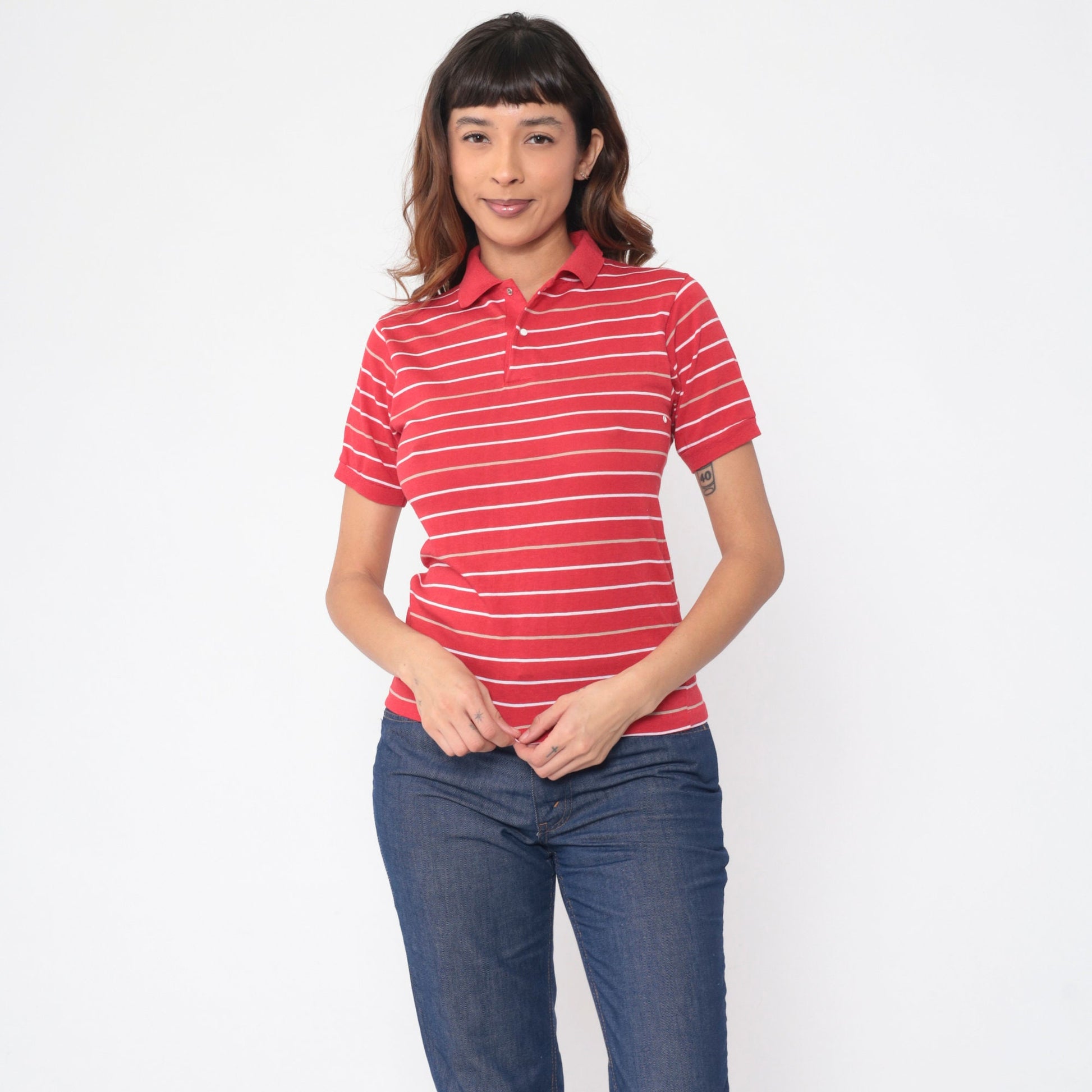 80s Red Striped Polo Shirt Snap Button Collared Top Extra Small
