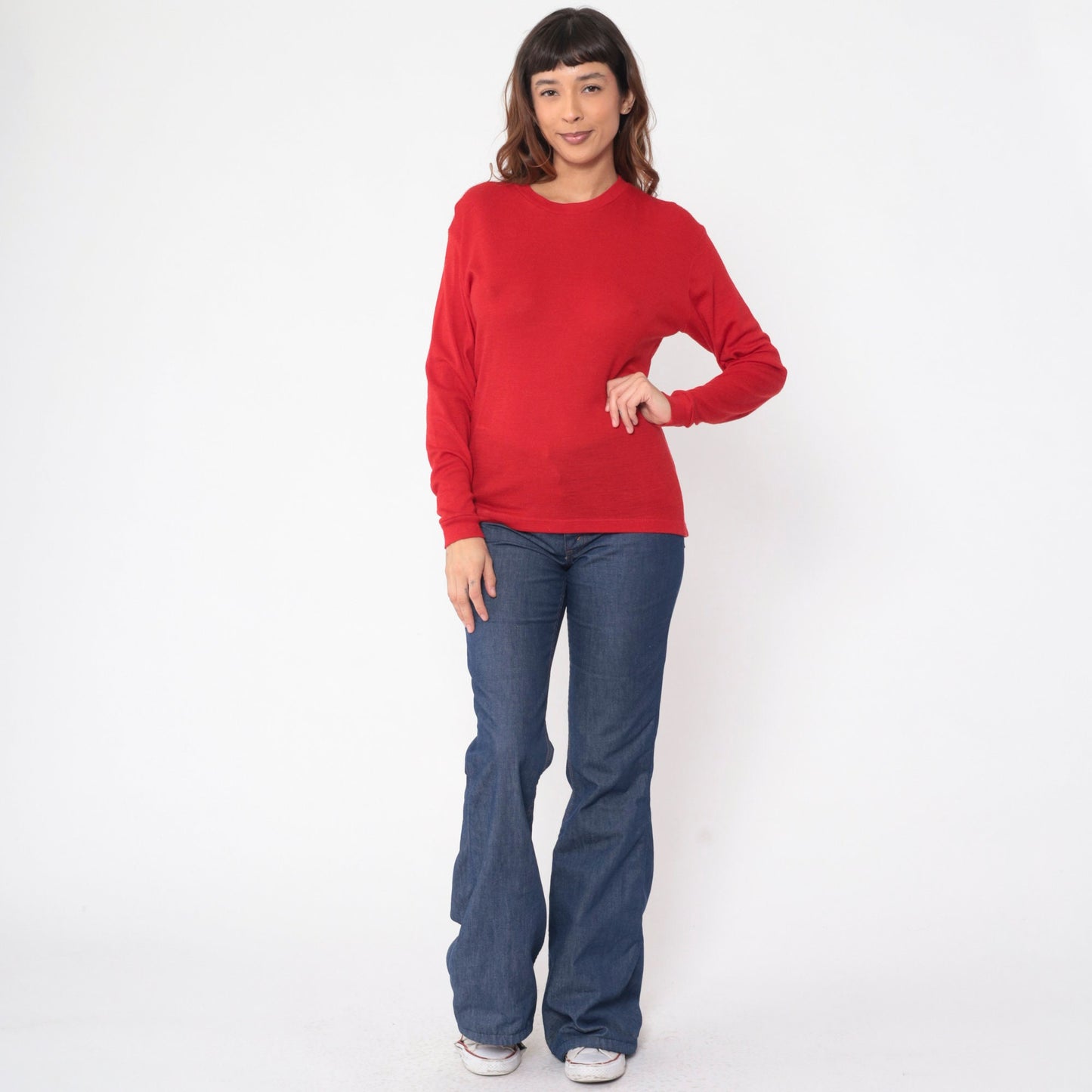 80s Stil Stoknes Thermal Undershirt Red Wool Nylon Long Sleeve Medium