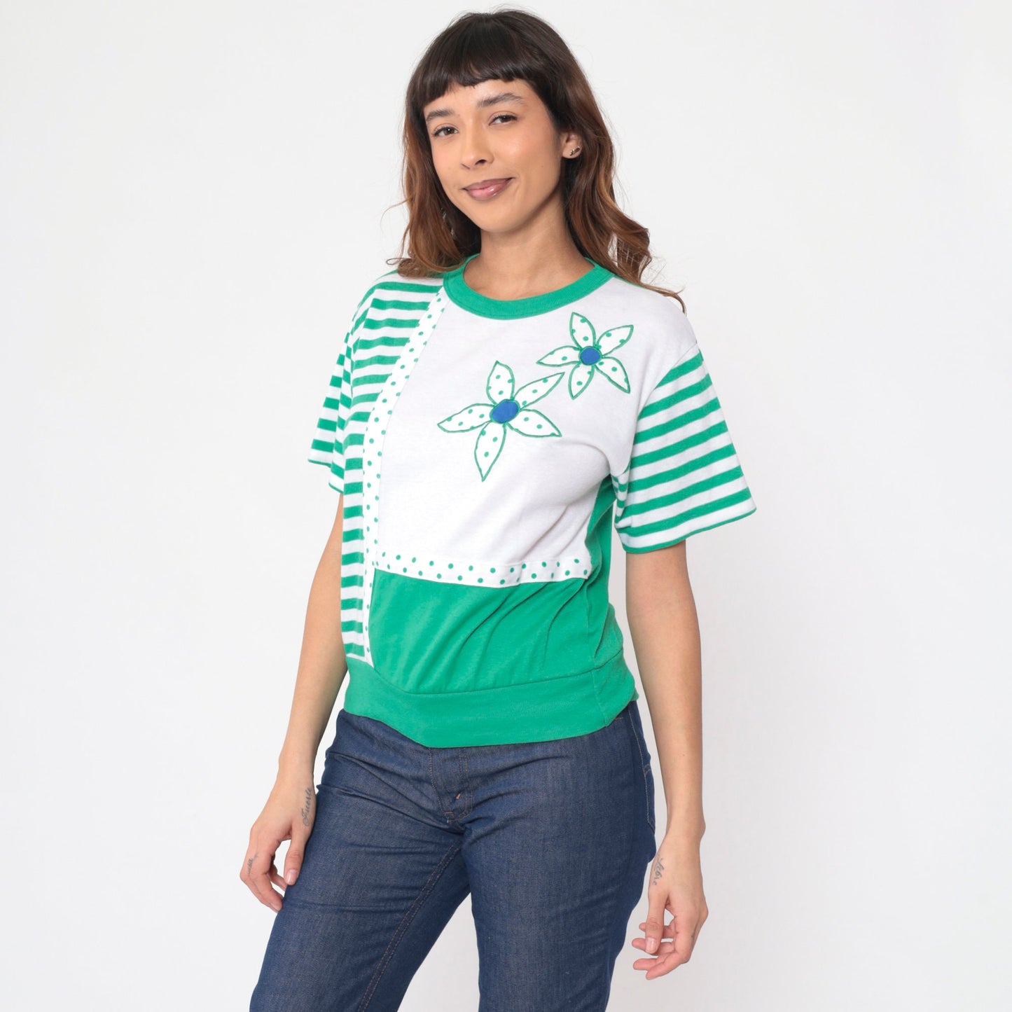 90s Floral Striped Polka Dot Blouse Green White Colour Block Small