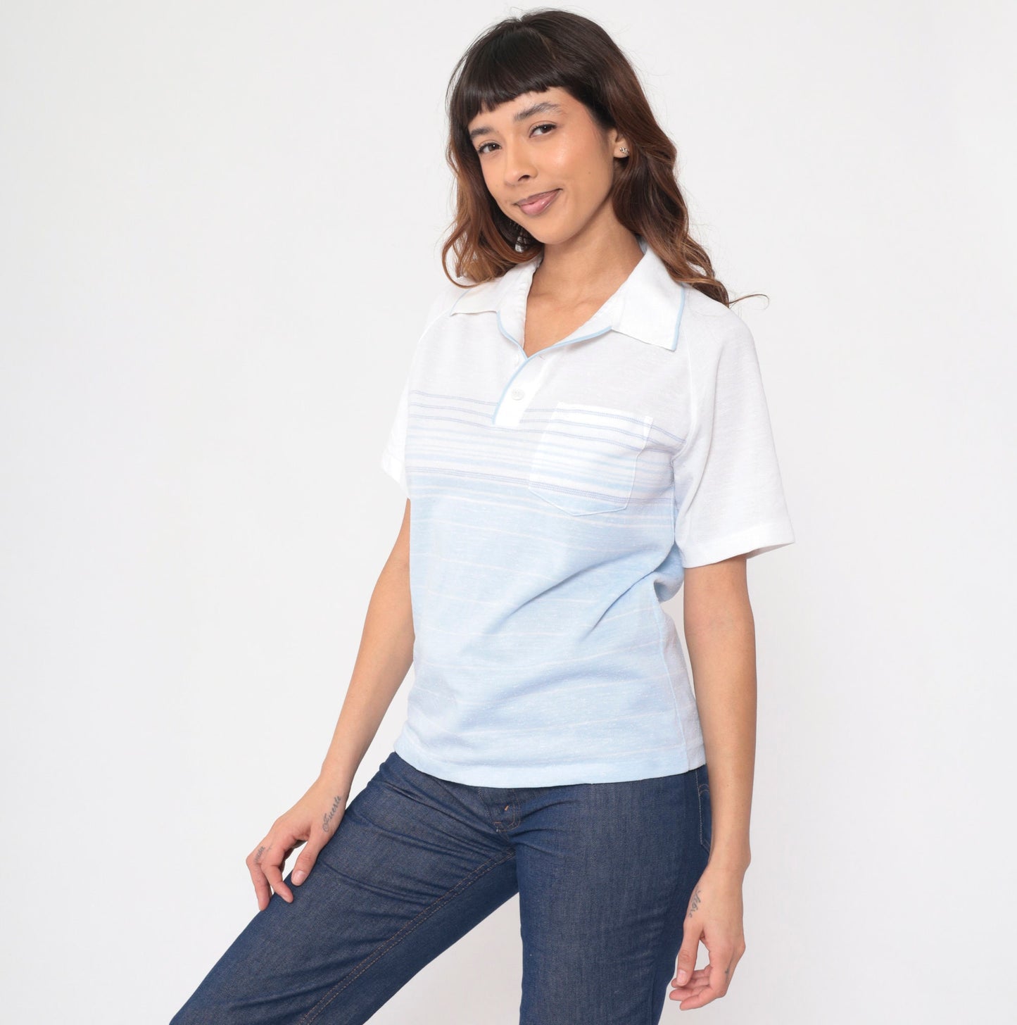 80s Status Club White Baby Blue Striped Polo Raglan Shirt Small