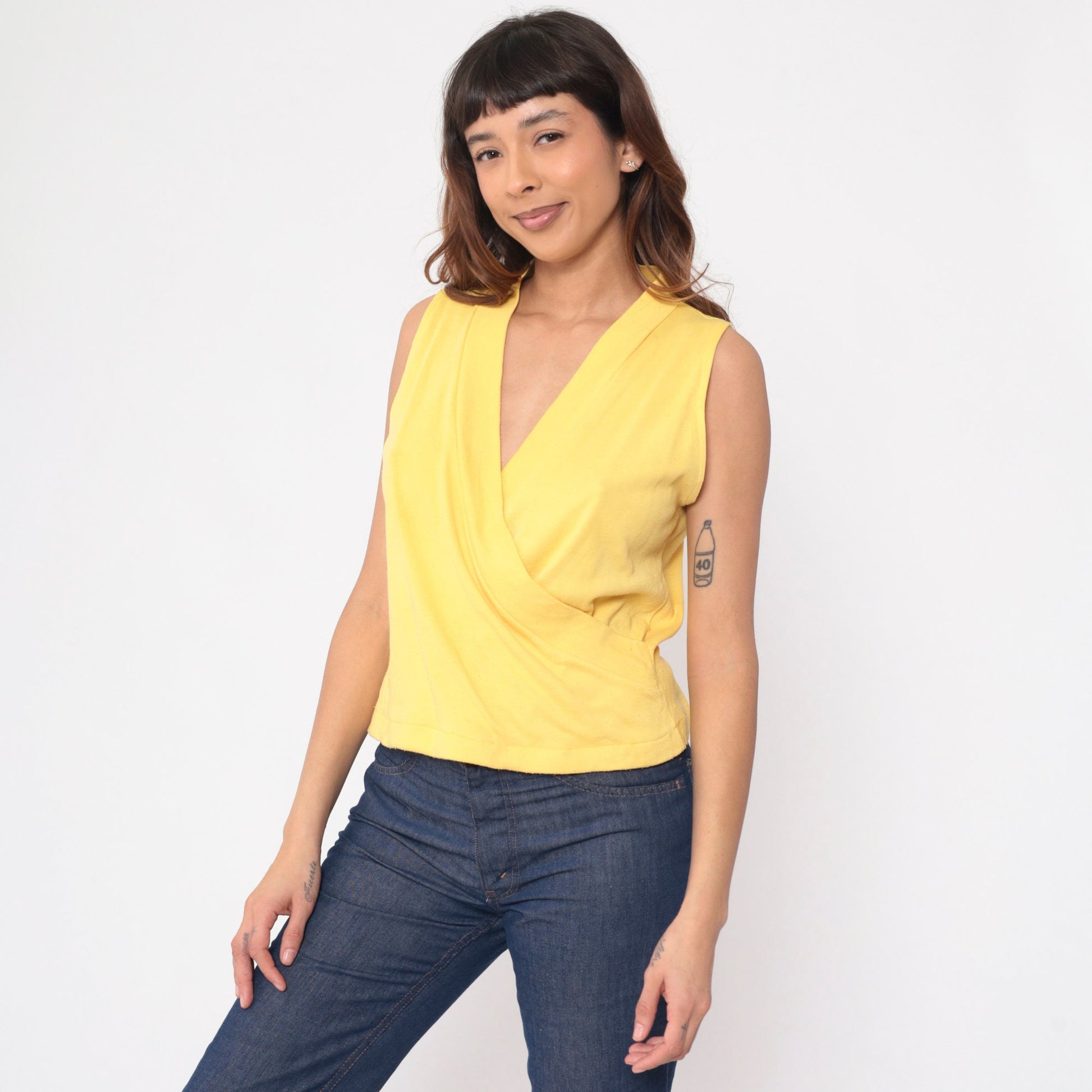 80s Yellow Surplice Tank Top Sleeveless Wrap Neckline Medium