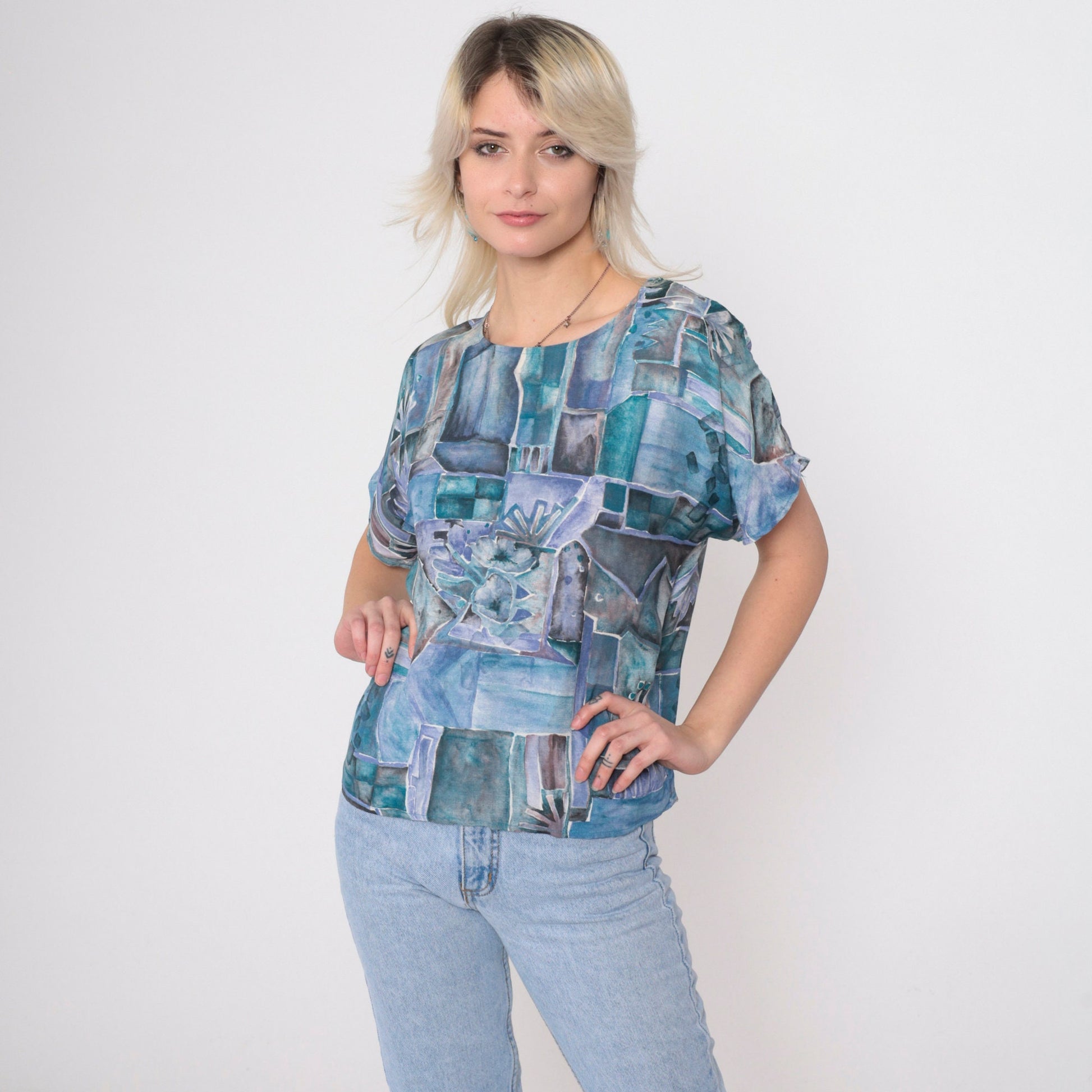 90s Susan Burrowes Watercolor Geometric Blouse Blue Short Sleeve Petite 6