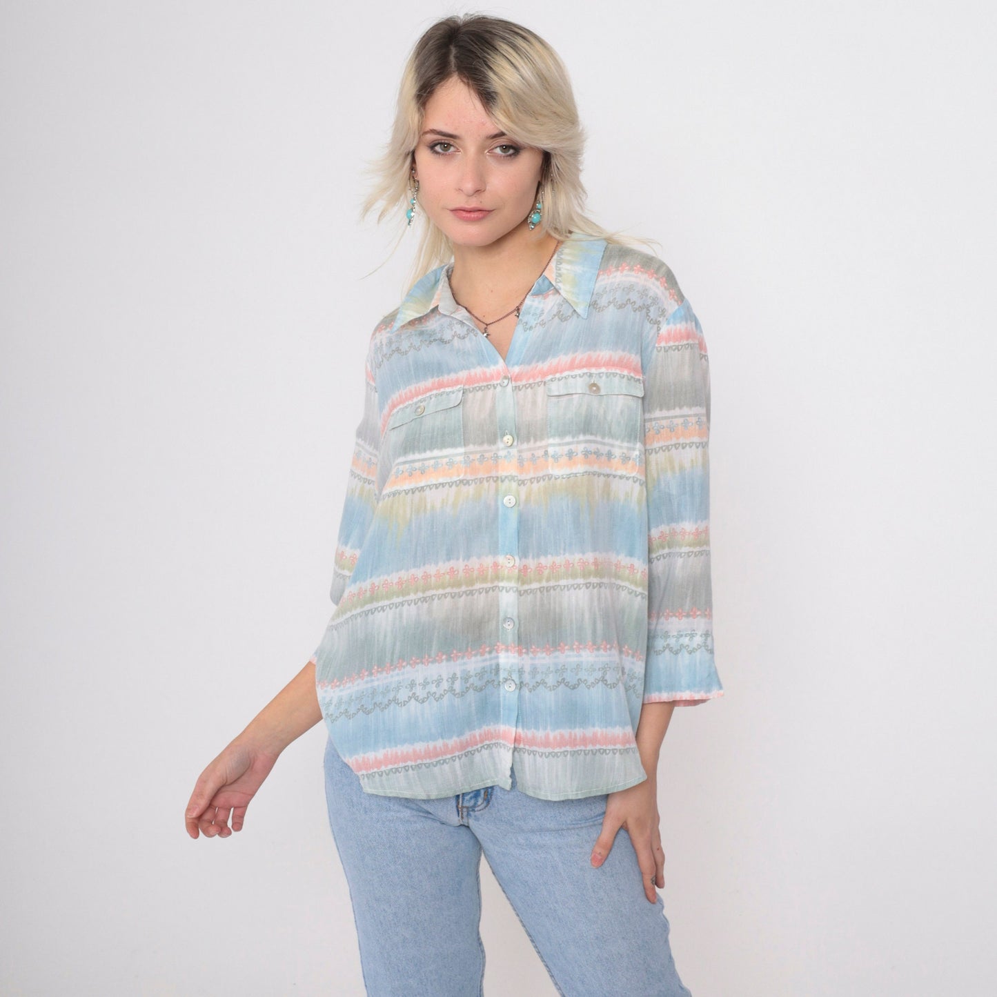 90s Alfred Dunner Striped Button-Up Blouse Muted Pastel 3/4 Sleeve Petite Large