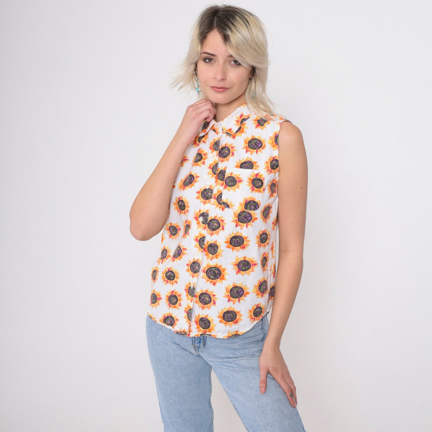 90s Sunflower Tank Top White Cotton Button-Up Sleeveless Blouse Small