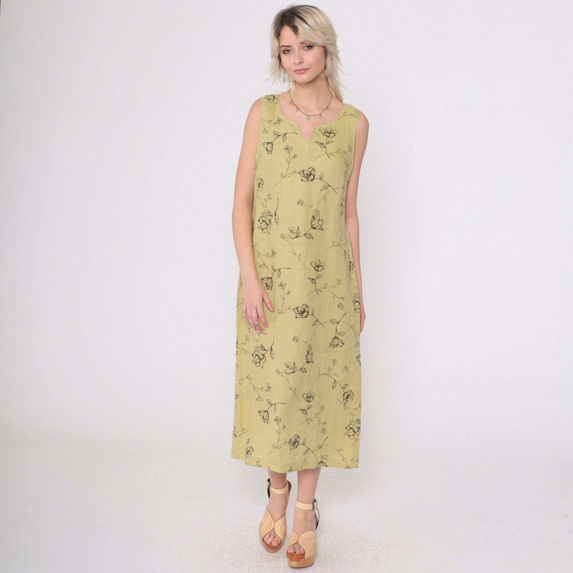 90s Style & Co. Floral Linen Midi Dress Chartreuse Sleeveless Slit Neckline Medium 10
