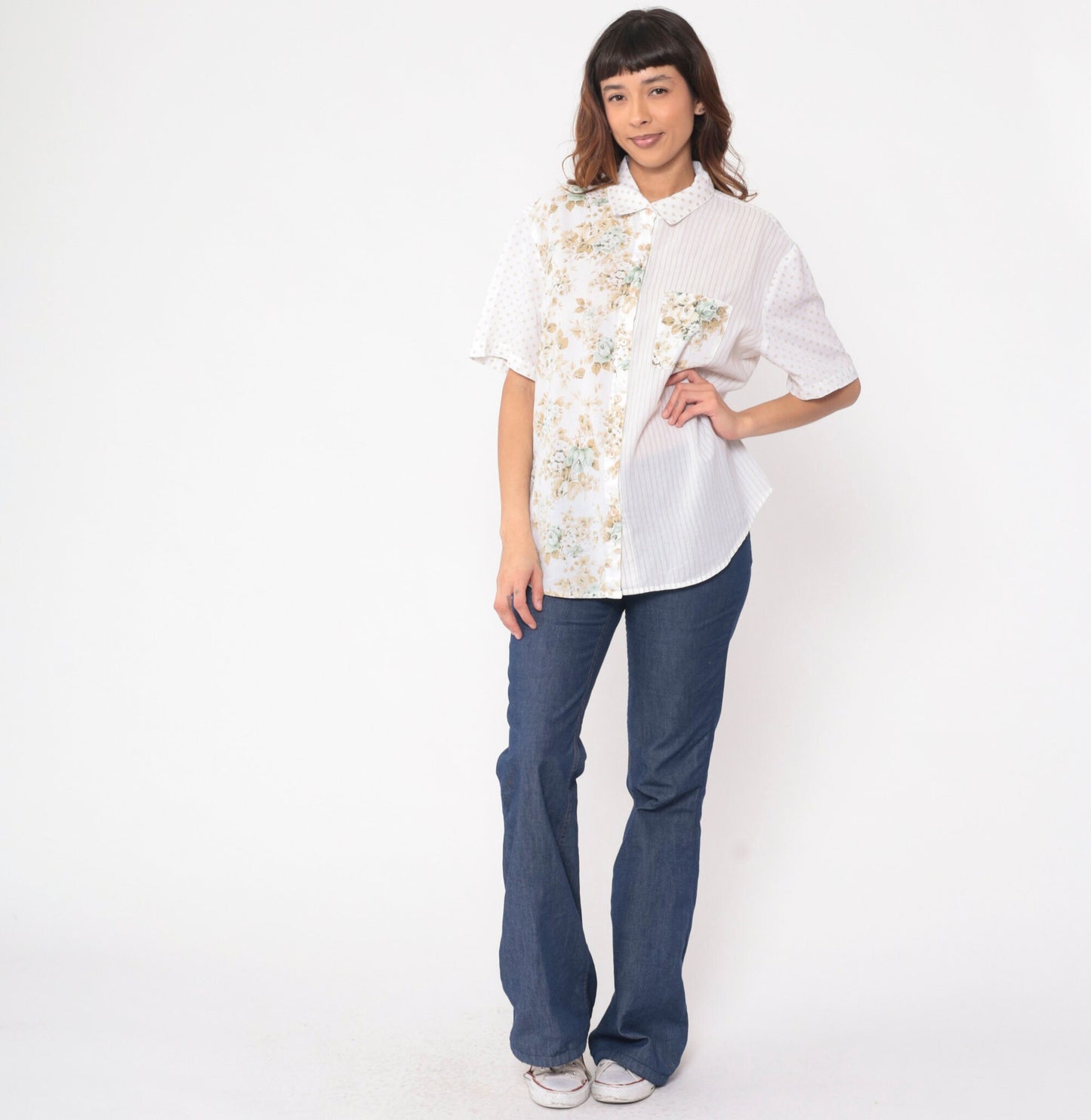 90s Kap & Co. Patchwork Floral Striped Button-Up Blouse White Extra Large XXL