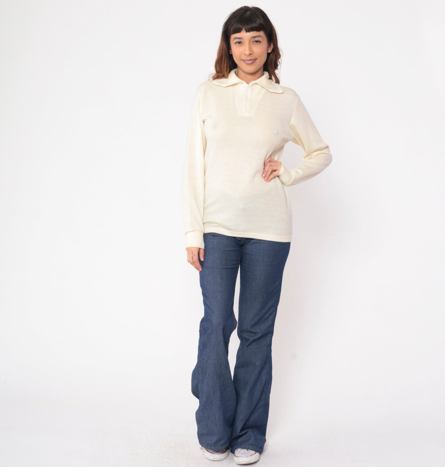 80s Devold Cream Wool Quarter Zip Pullover Long Sleeve Small