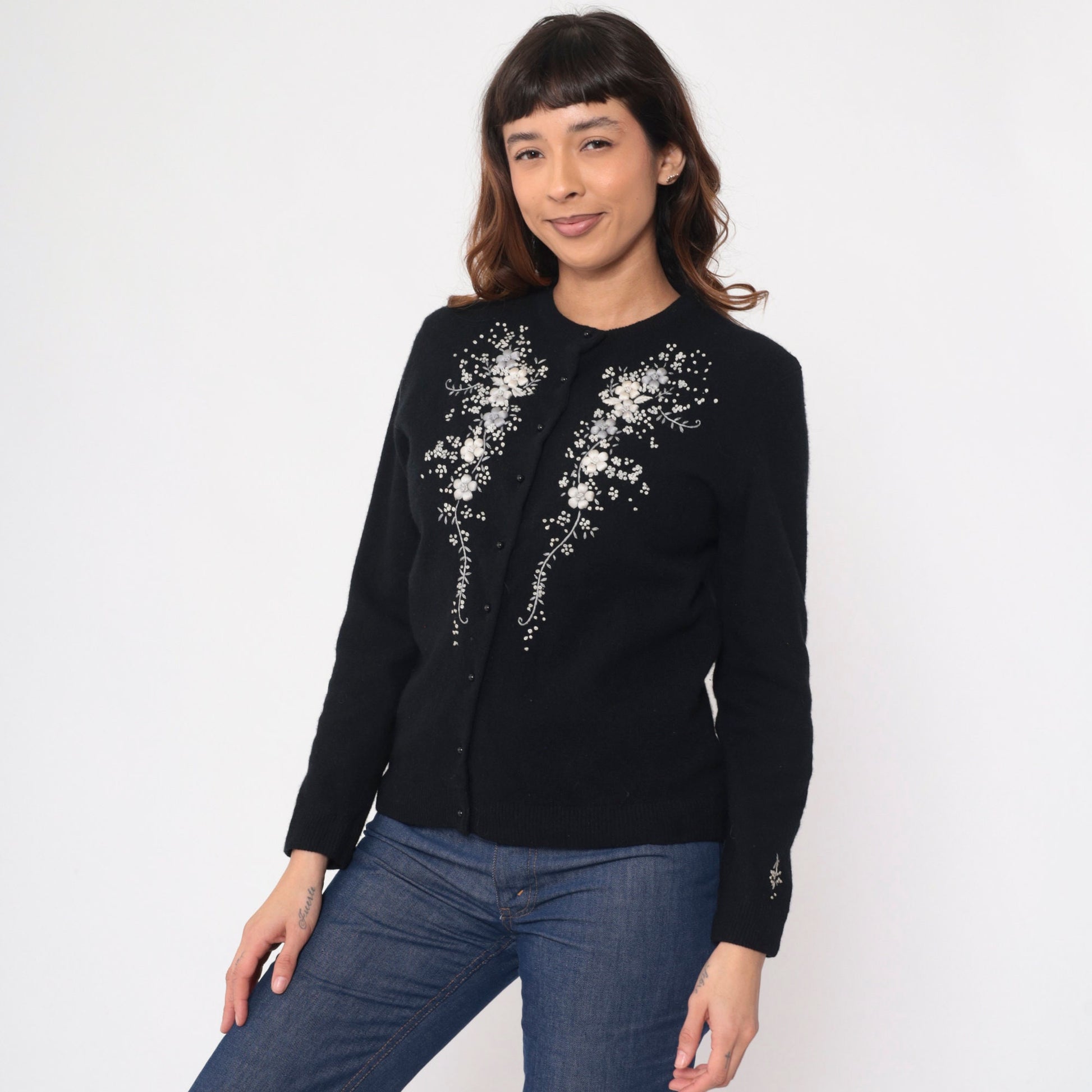 60s Black Cardigan Grey Floral Embroidered Button-Up Wool Blend Medium