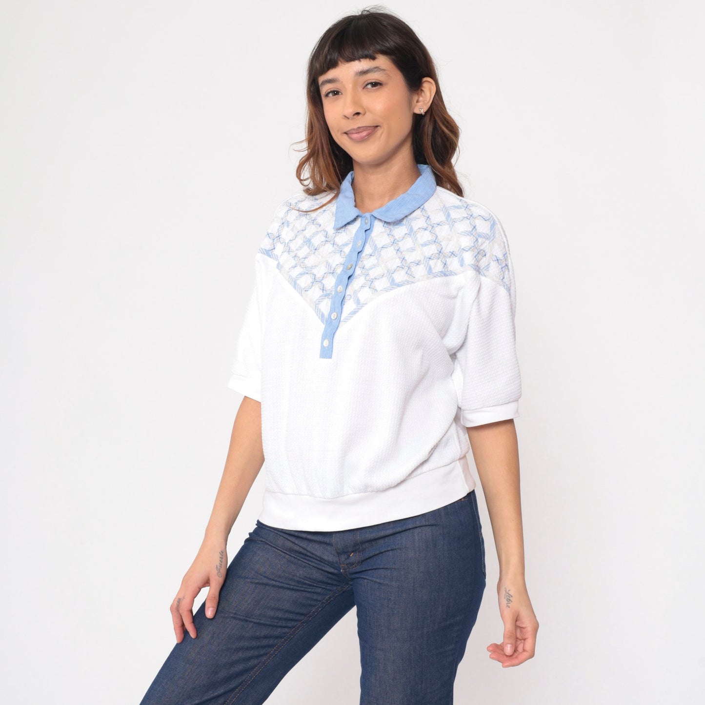 90s Koret Polo Shirt White Lattice Waffle Knit Dolman Sleeve Large L