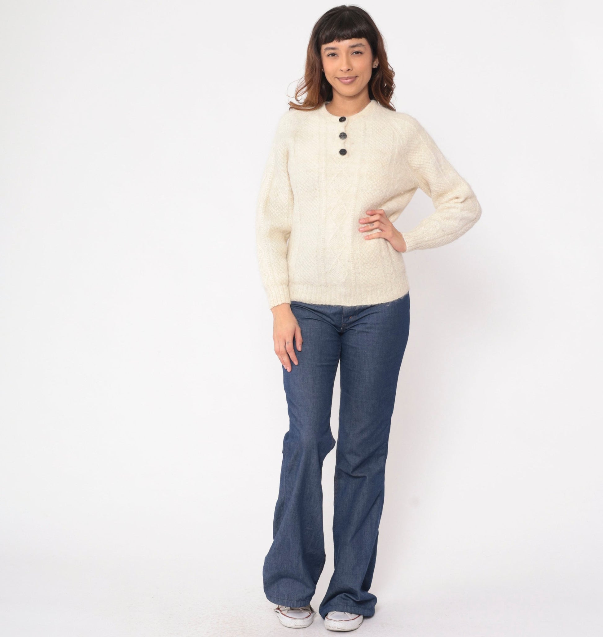 80s Aymara Alpaca Wool Cable Knit Sweater Cream Raglan Small S