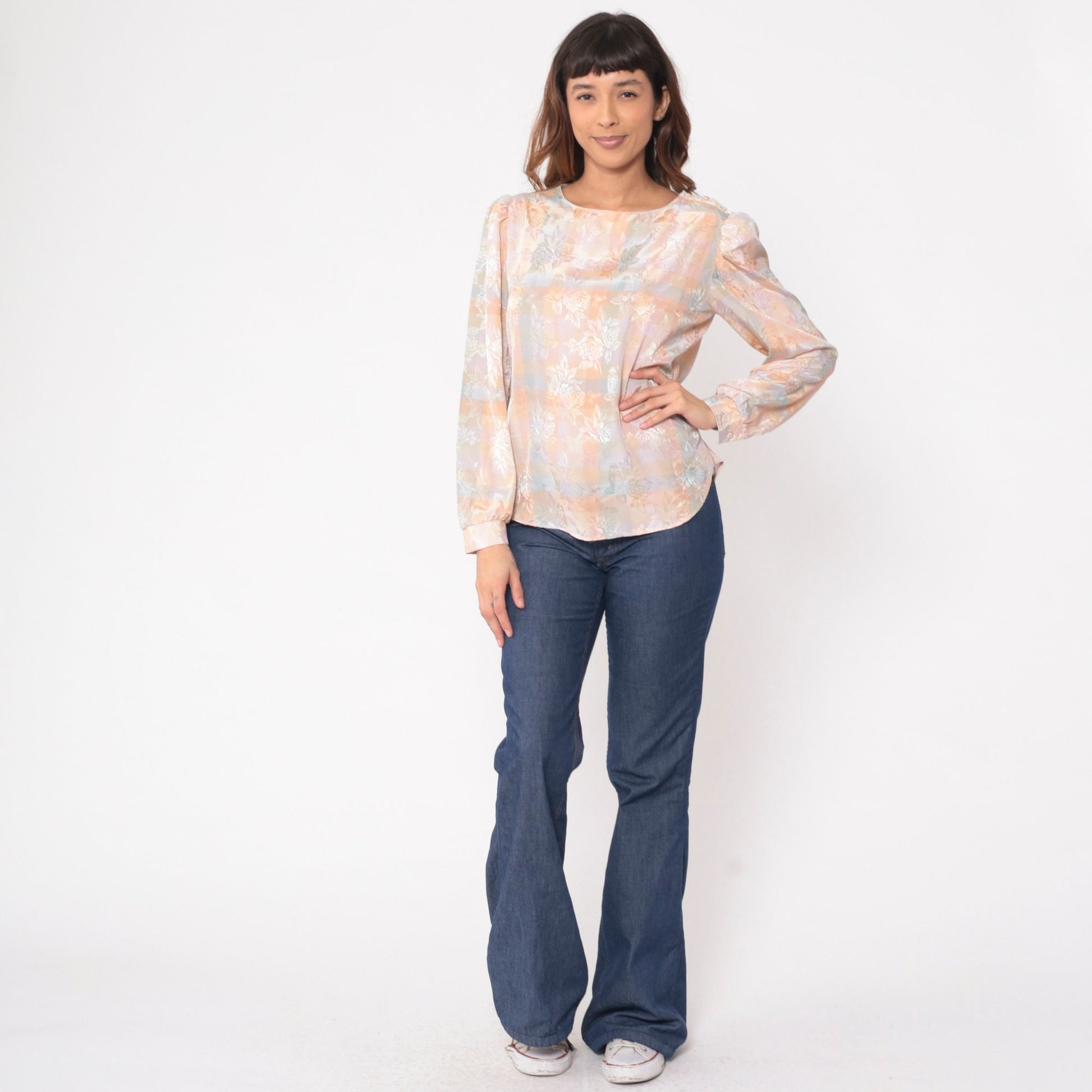 80s Kaki Roberts Peach Checkered Floral Puff Sleeve Blouse Small